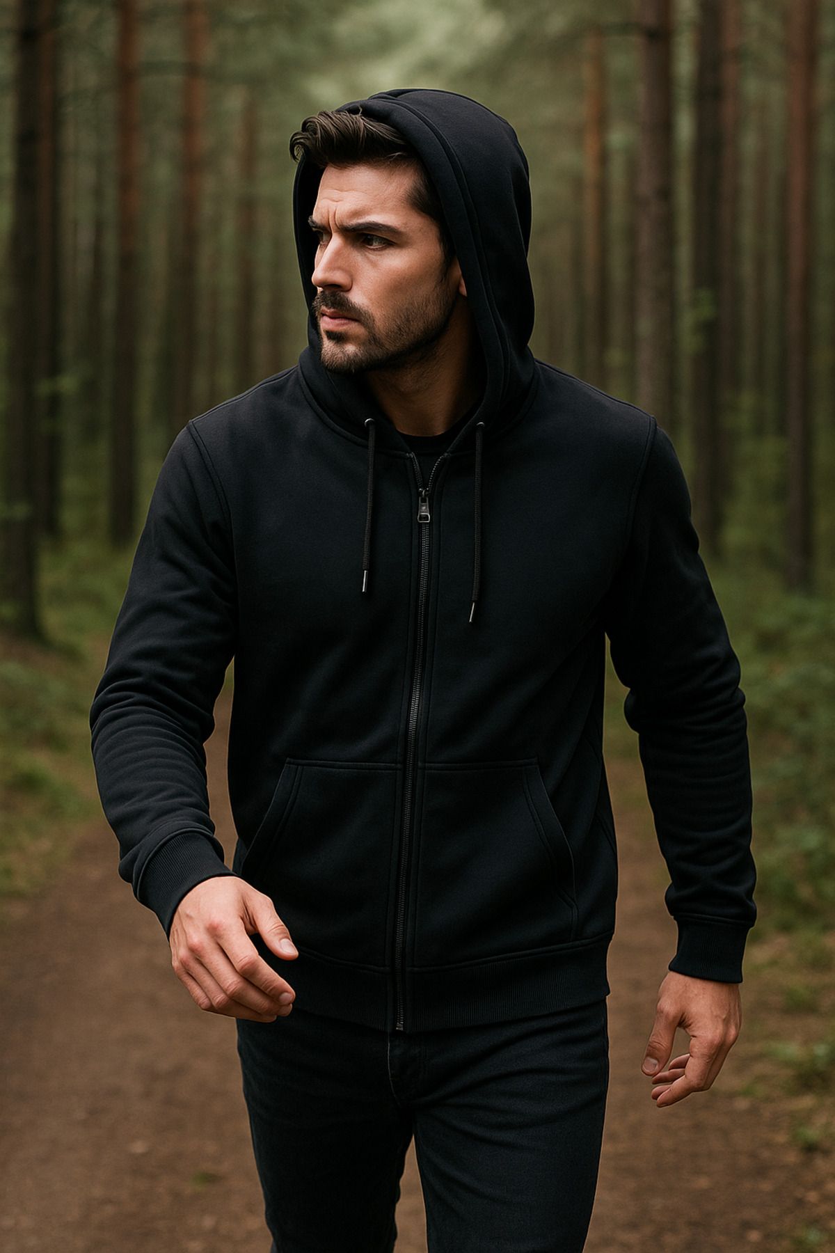 Rich Erkek Kapüşonlu Pamuklu Sweatshirt Hırka Fermuarlı Rahat Kalıp Basic Hırka