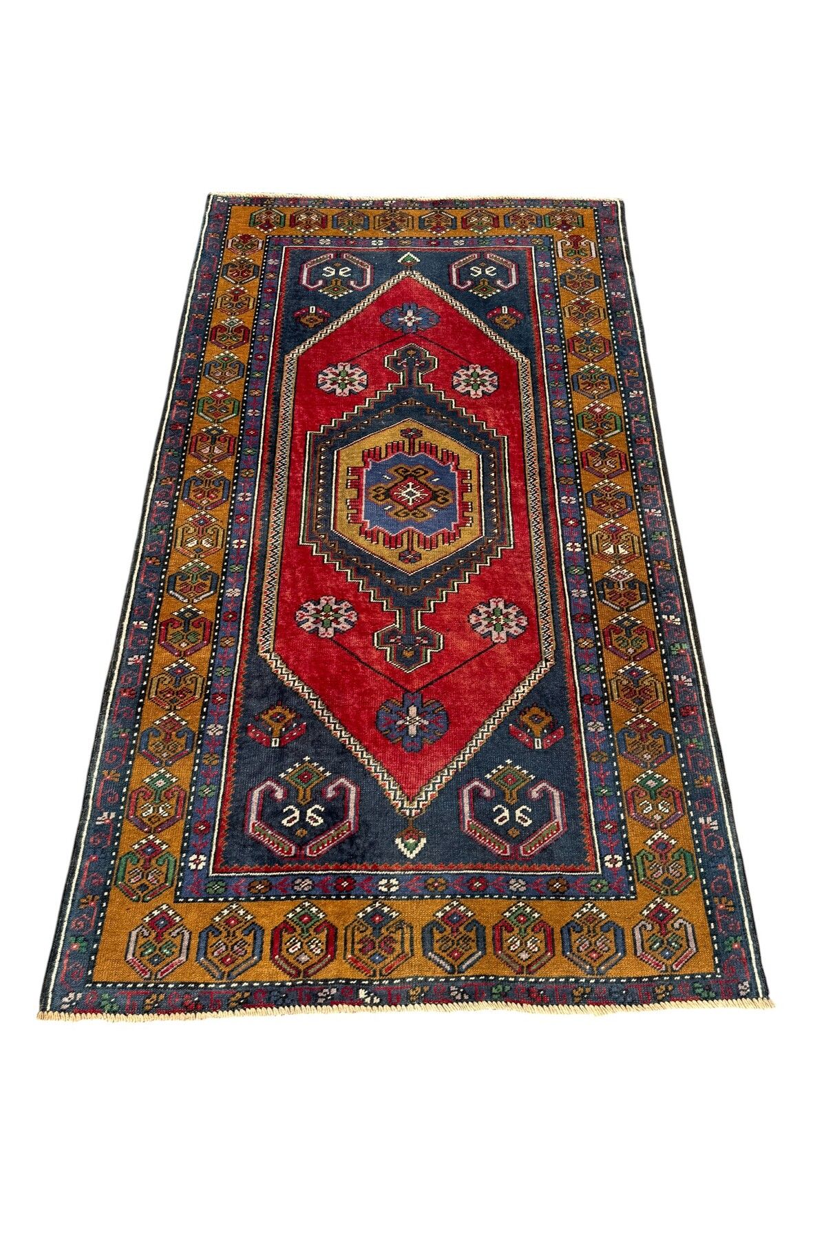 BURAK HALI El Dokuma İnce Eskitme Yahyalı Halısı 101x175 Kırmızı Lacivert Yün Halı
