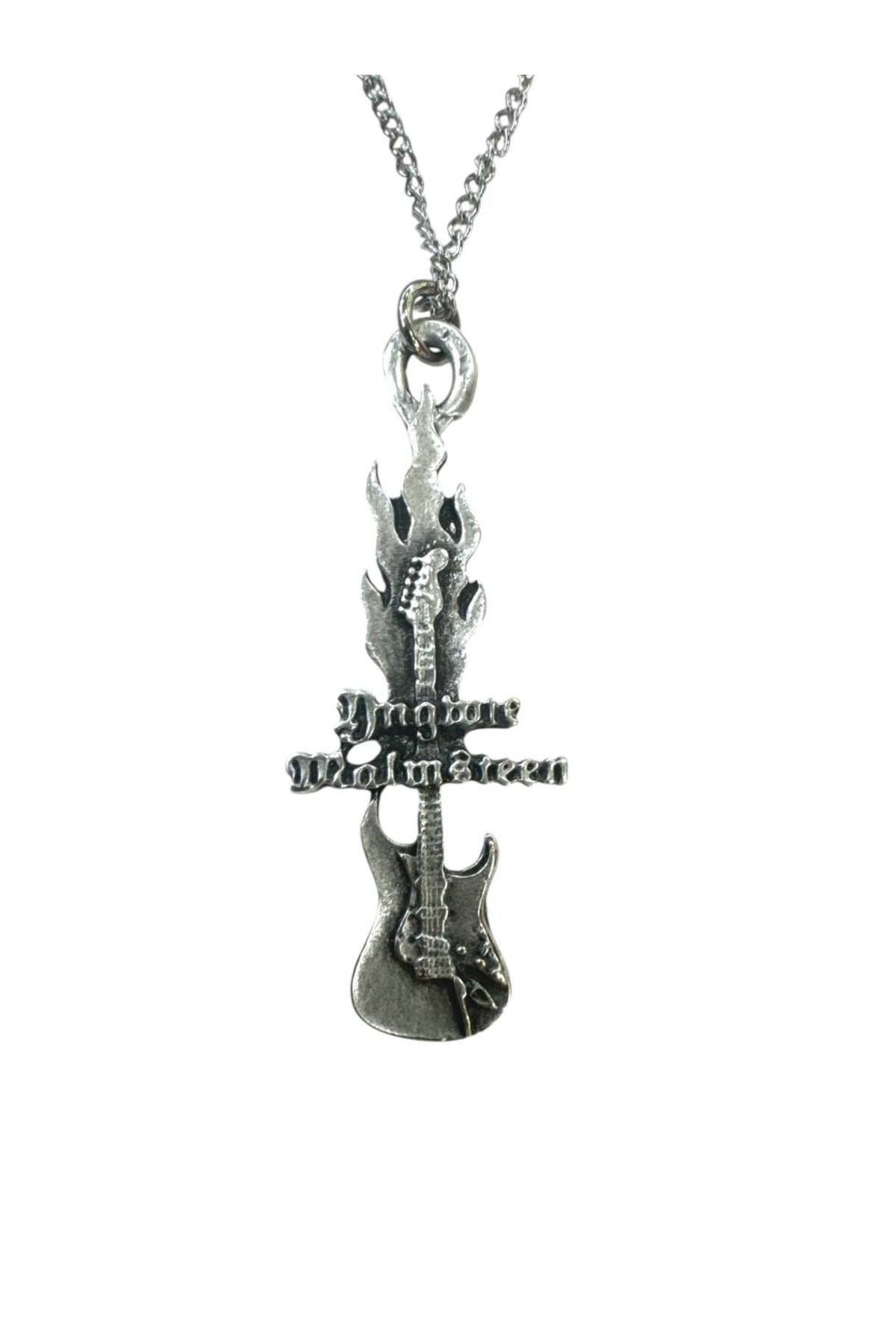Herşey Nota Yngwie J. Malmsteen Alevli Elektro Gitar Kolye – Unisex - 60 cm Zincir