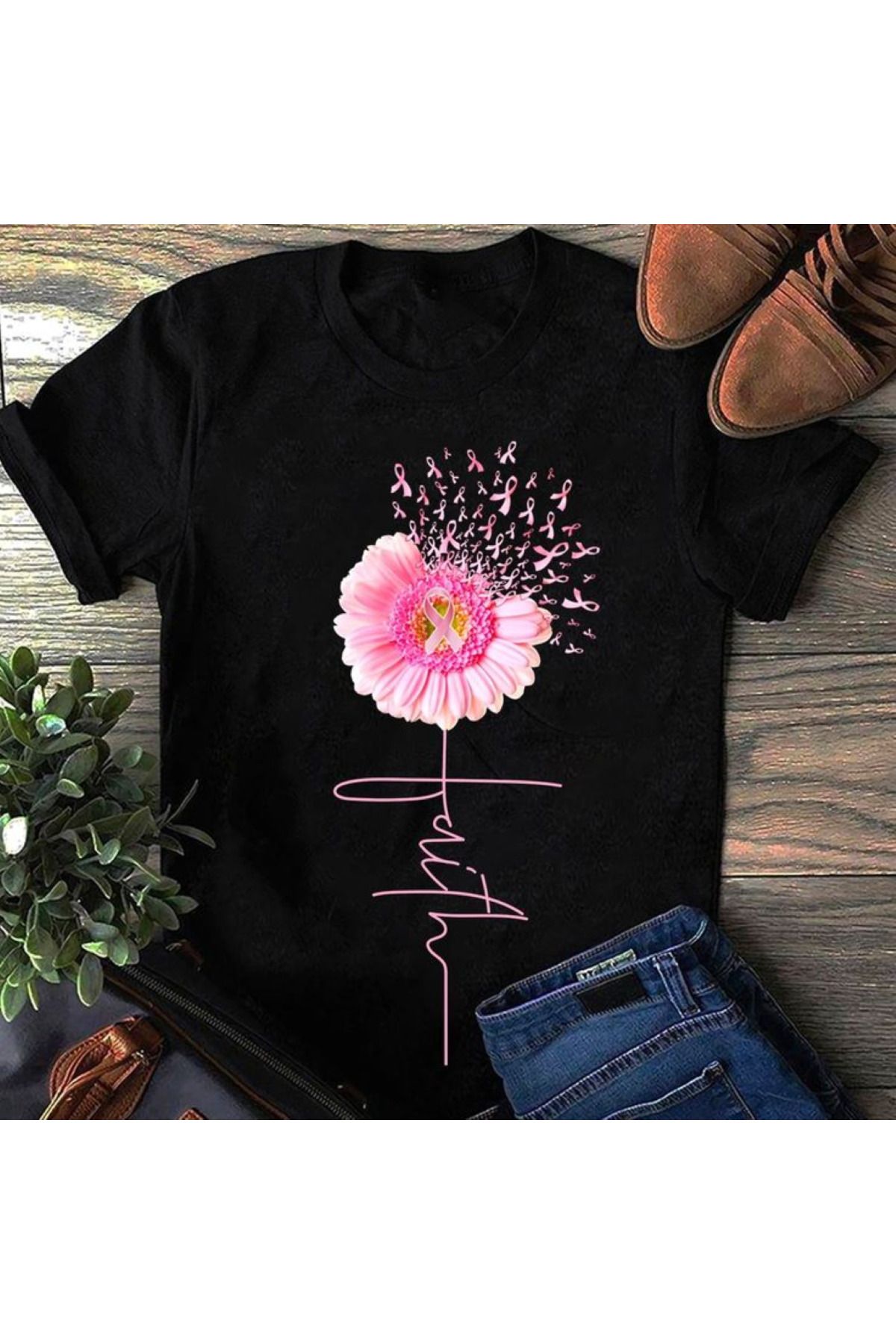aynewmoda Gül desenli kısa kollu yuvarlak yakalı tişört