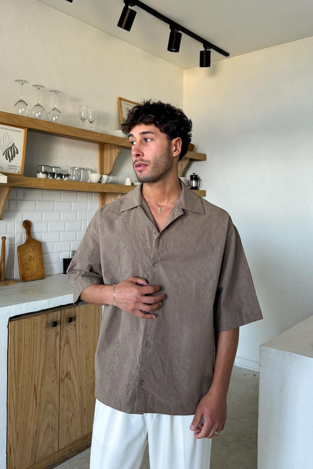 Flaw Wear Sütlü Kahve Etnic Desen Kısa Kol Oversize Gömlek