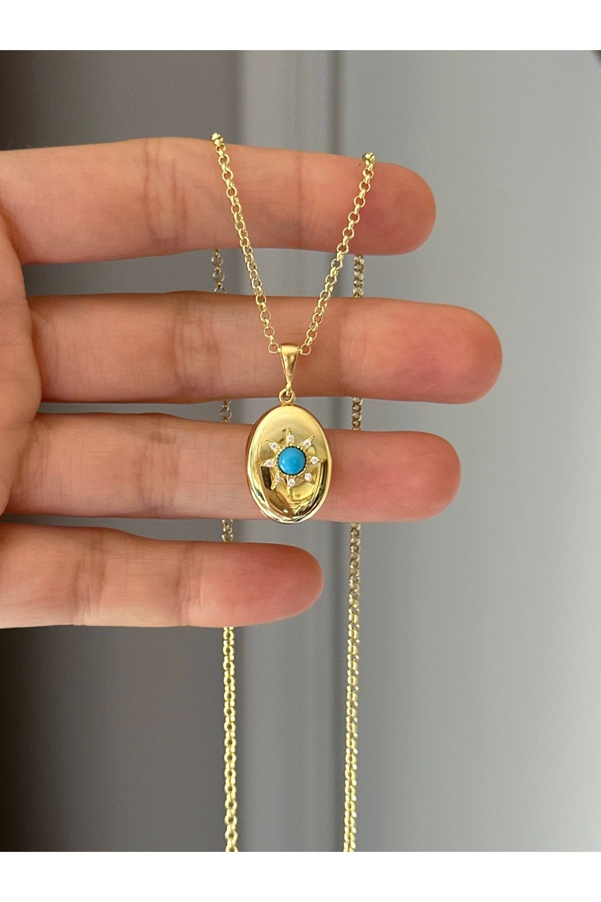 emy by emel luxury silver jewelry Altın Kaplama Doc Zincirli Açılabilir Kapaklı Kutup Yıldızı Turkuaz Madalyon Kolye 925 Ayar Gümüş