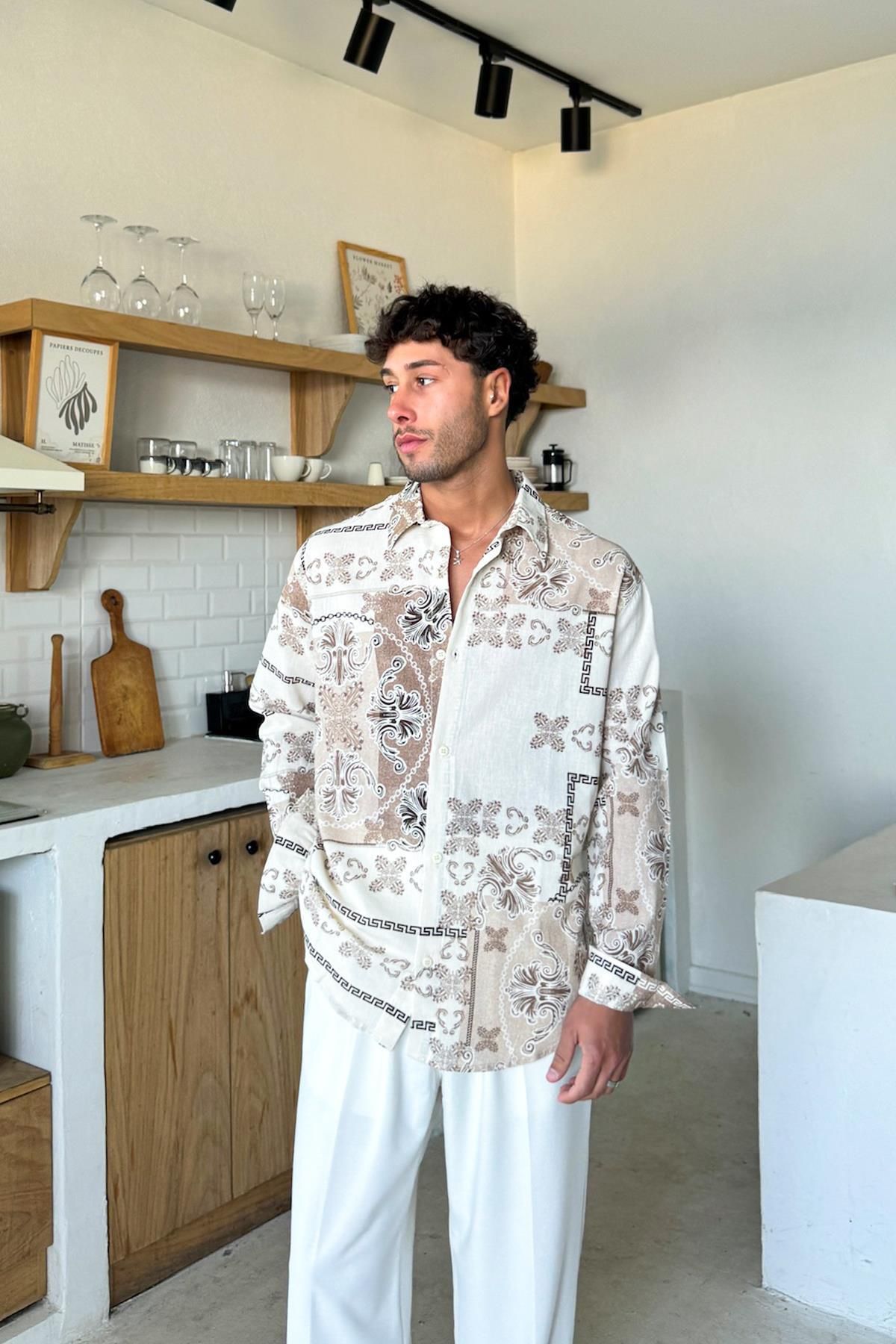 Flaw Wear Vintage Desenli Krem Oversize Gömlek