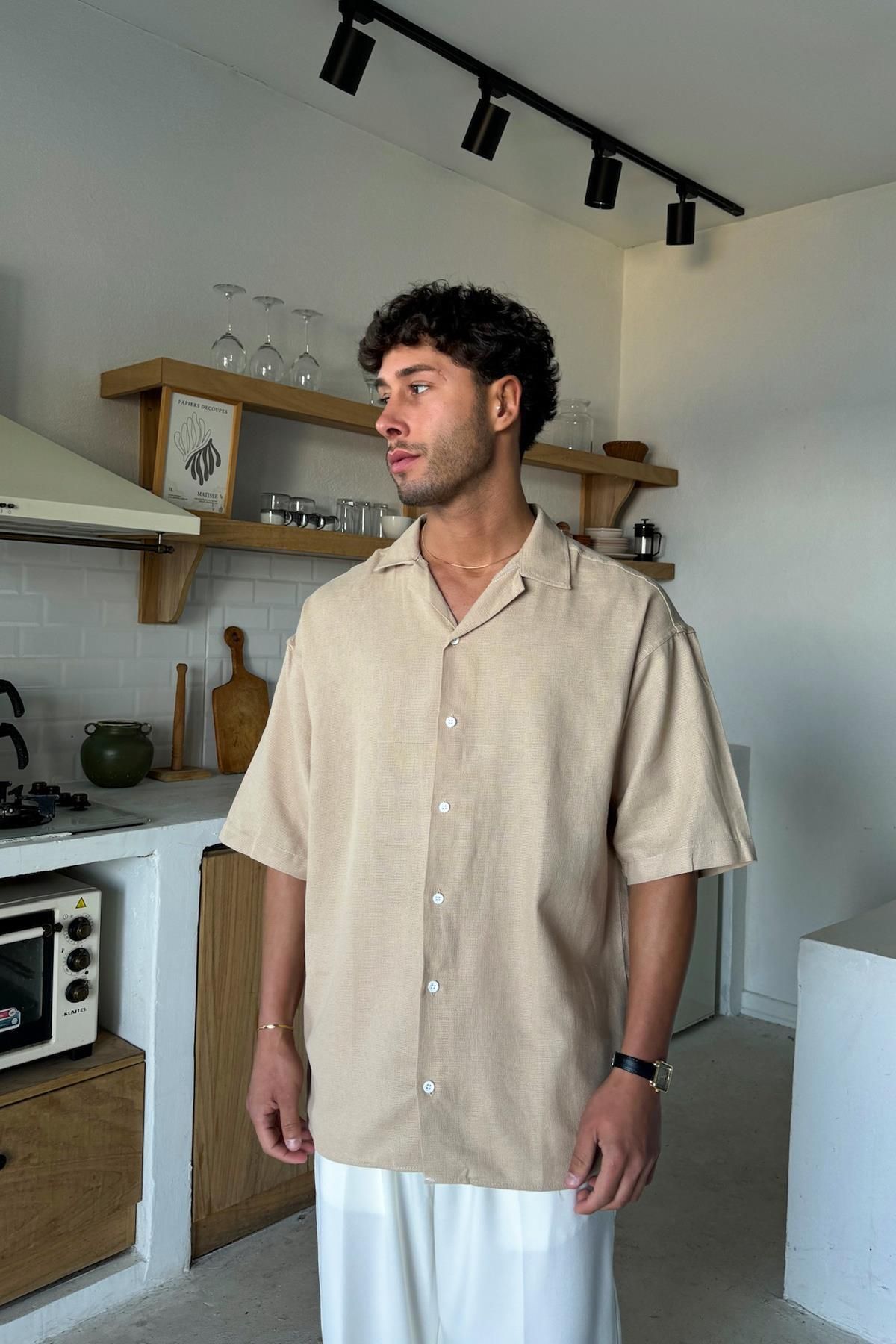 Flaw Wear Krem Dokuma Oversize Kısa Kol Gömlek