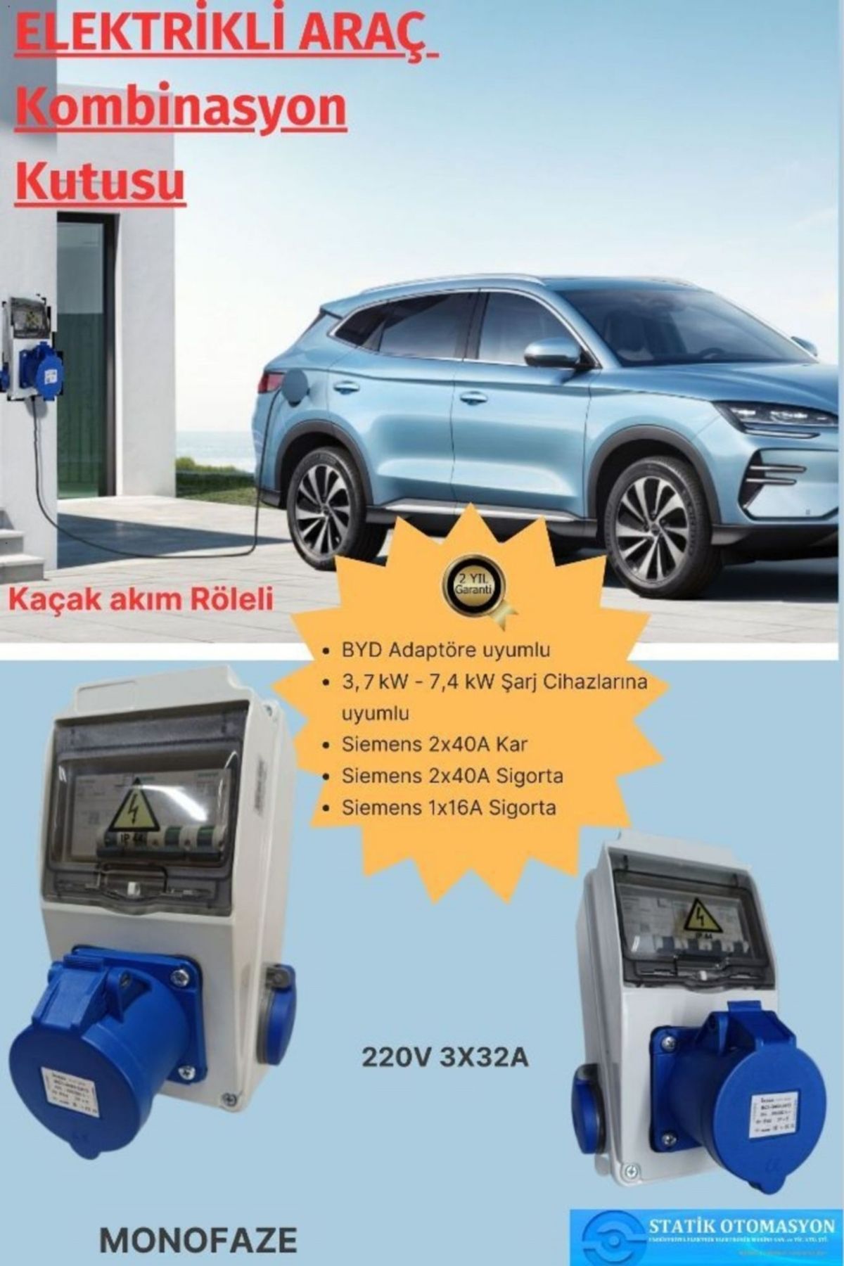 STATİK ST-ŞARJ-M Monofaze Elektrikli Araç Kombinasyon Kutusu; Byd Adaptöre Uyumlu
