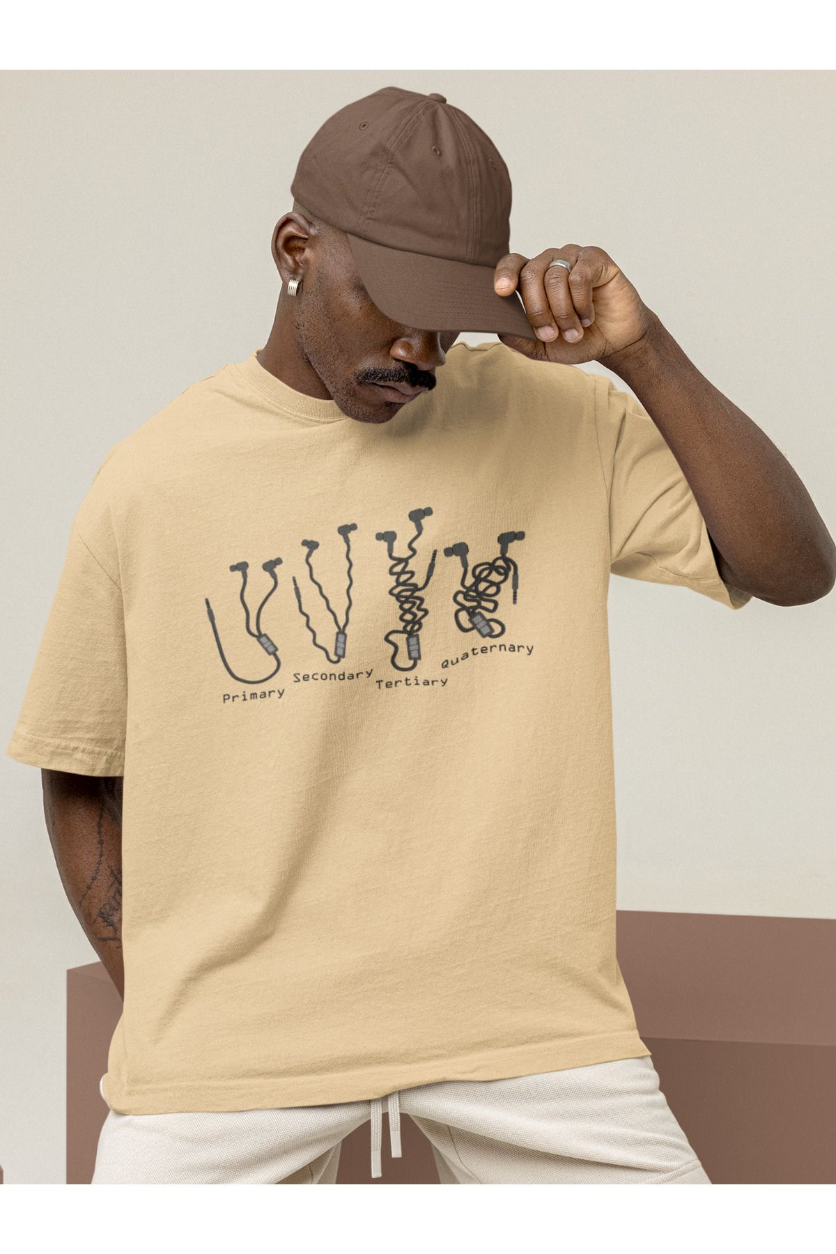 Uniquetex NUBENSE / Neku - Oversize Unisex Baskılı Bej Bisiklet Yaka T-shirt (Tişört - Scientific Design)