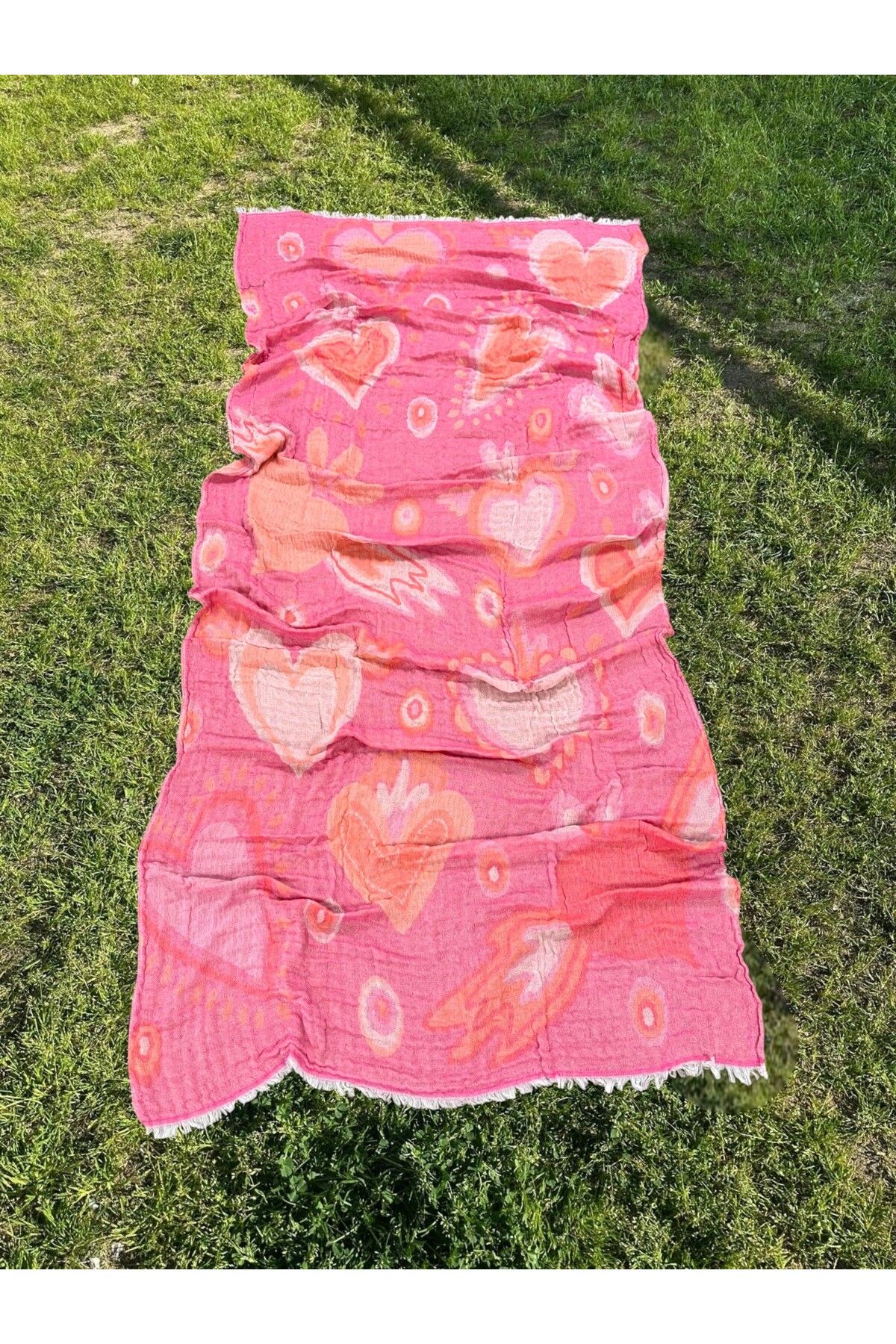 Explore Home , %100 Pamuk, Kalp Desenli, Müslin, Pareo (105x255 cm) - Pembe