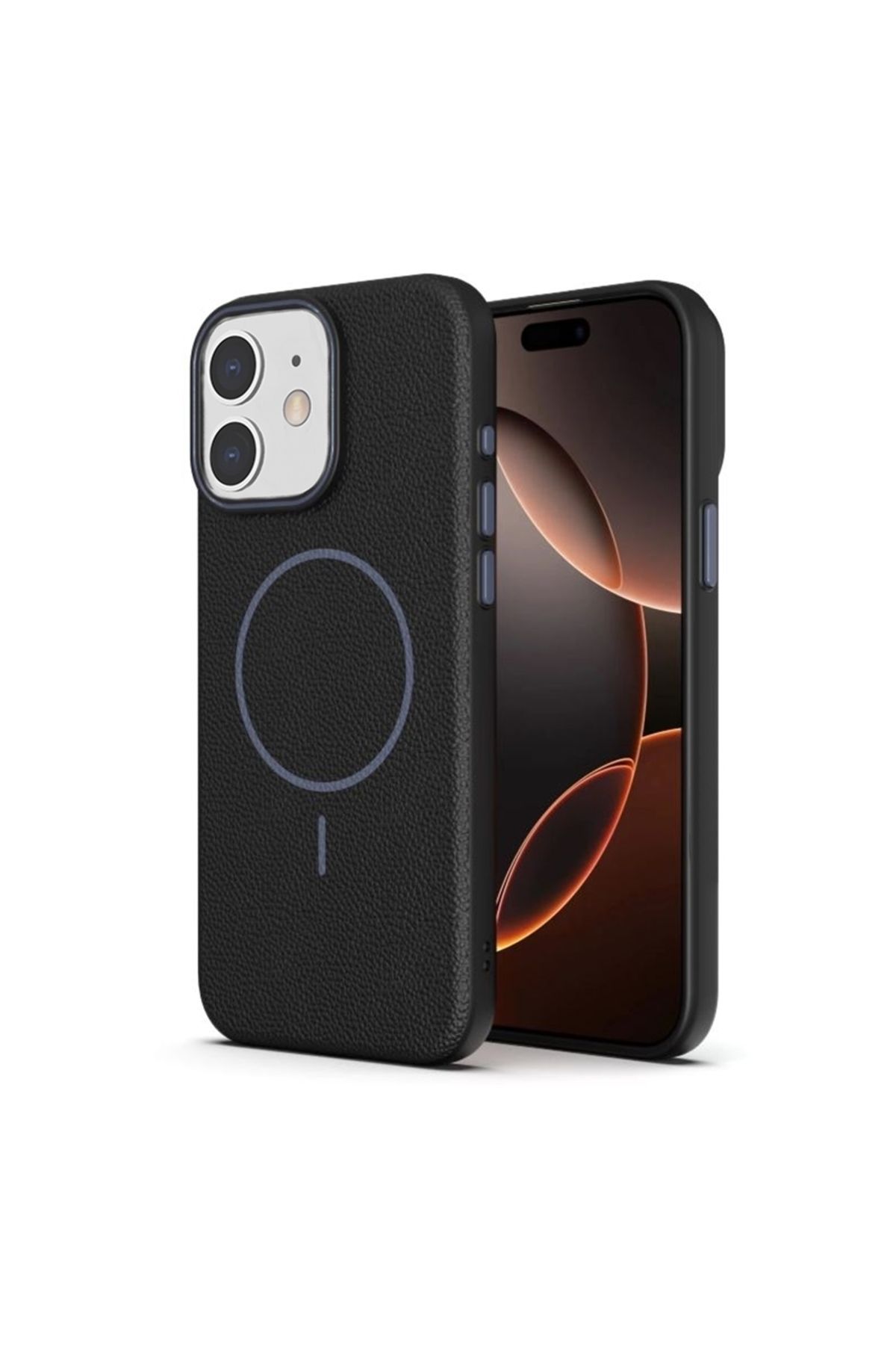 Apsuwa iPhone 11 uyumlu Kılıf Lichee Deri Desen Silikon Kablosuz Şarj Özellikli Siyah