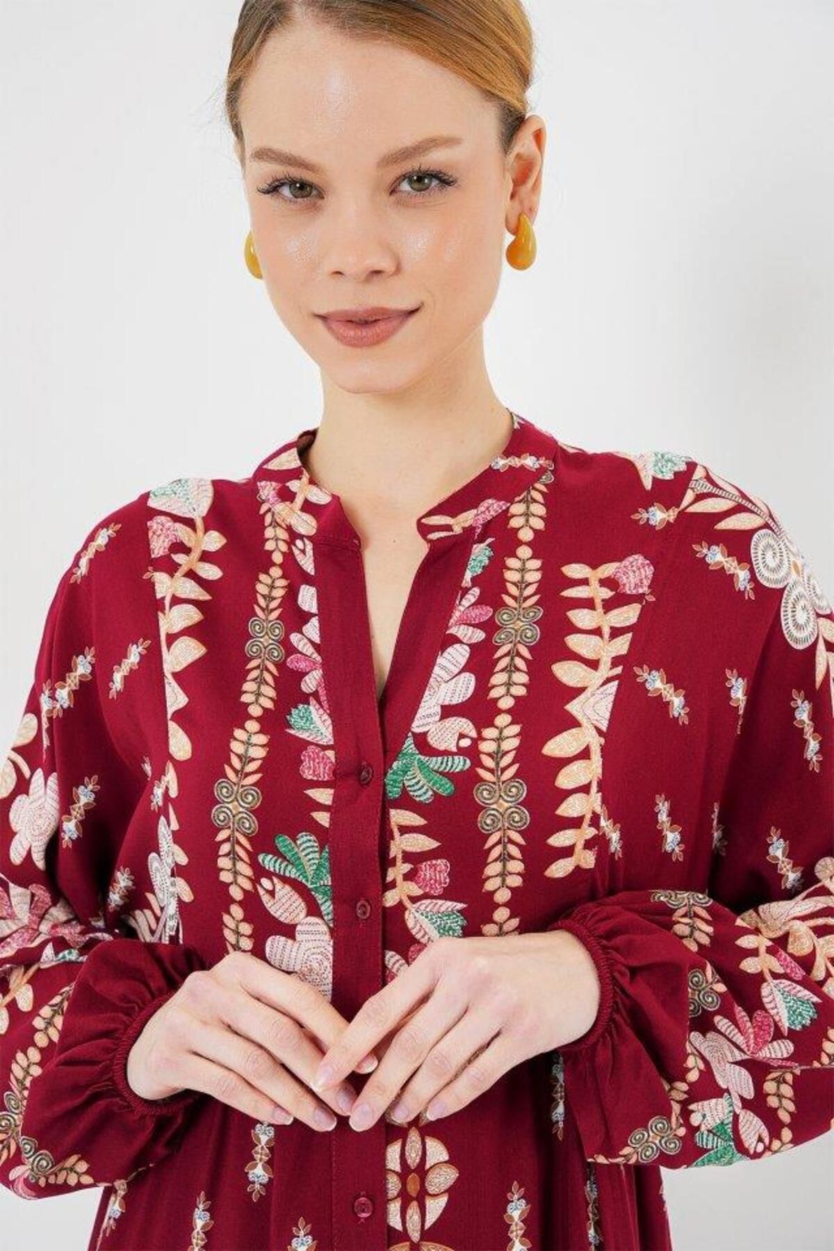 Aymood-2423 Rochie Hijab Autentică cu Motiv - H. Roșu Claret 3