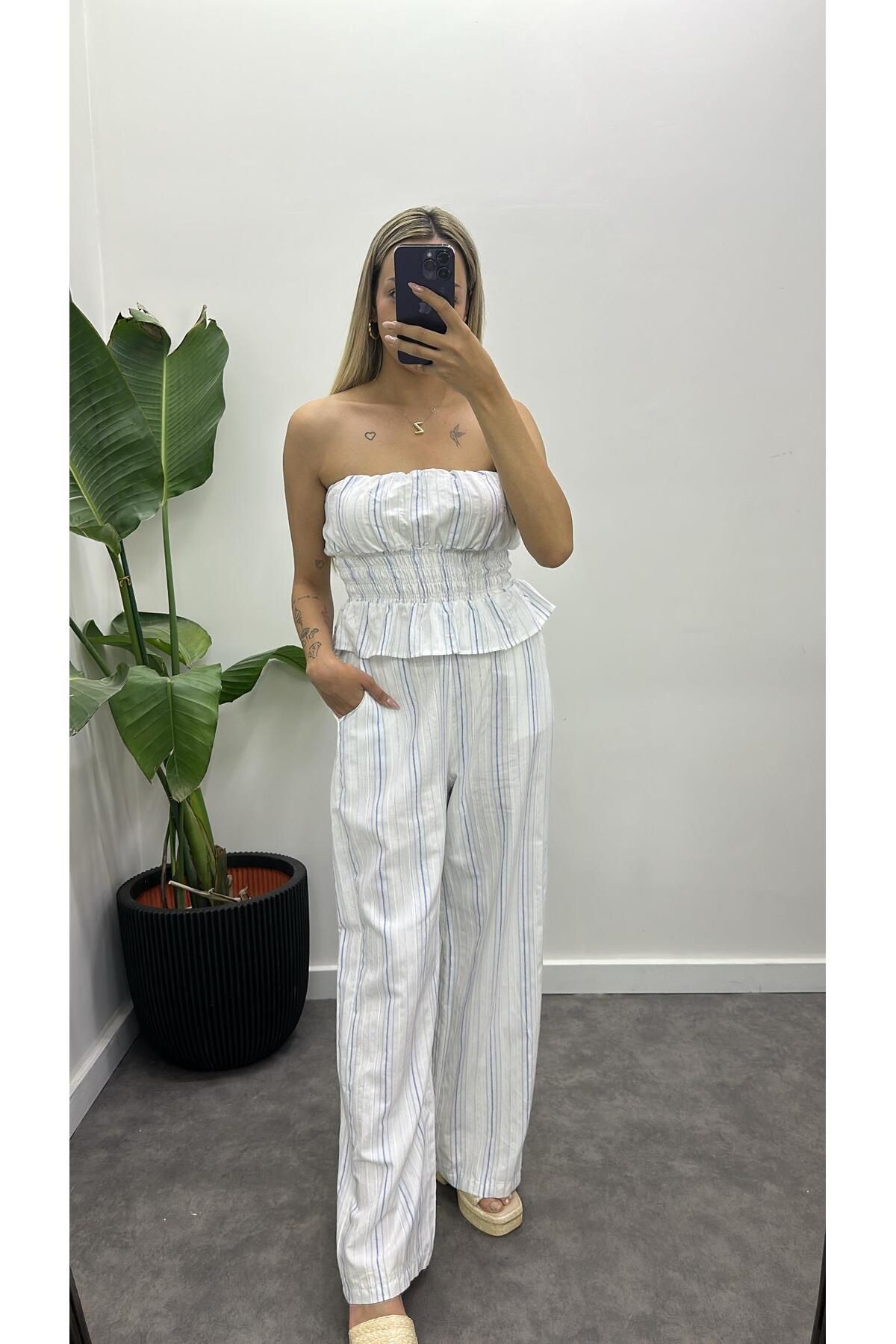 Acar Boutique Straplez Çizgili Keten Takım