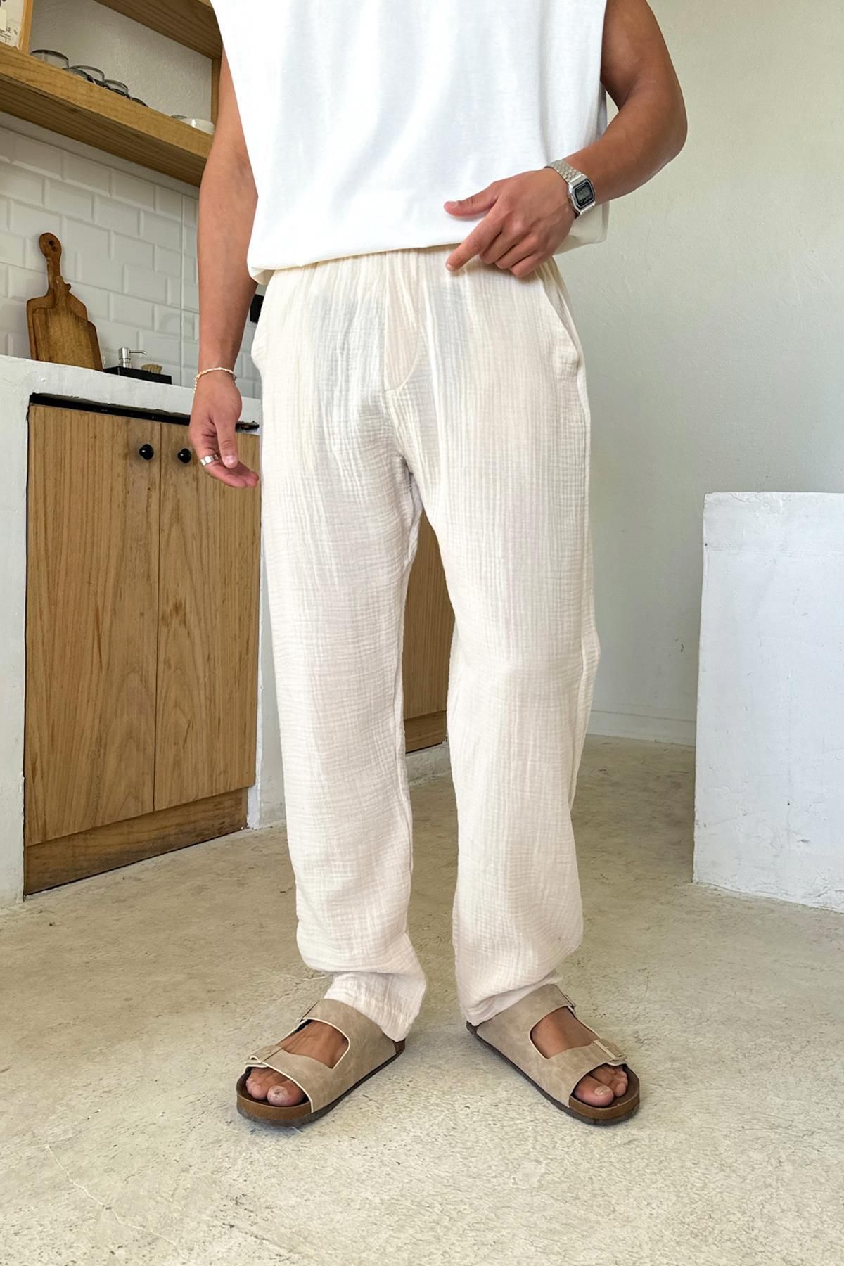 Flaw Wear Krem Bel Lastikli Müslin Kumaş Pantolon