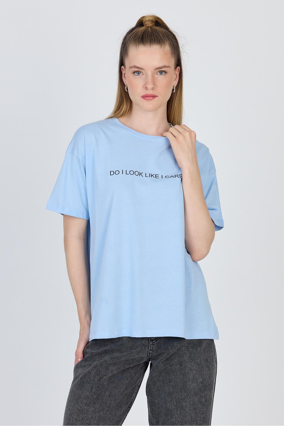 Mavi Yazı Baskılı %100 Pamuk Oversize Tişört 2150-5M