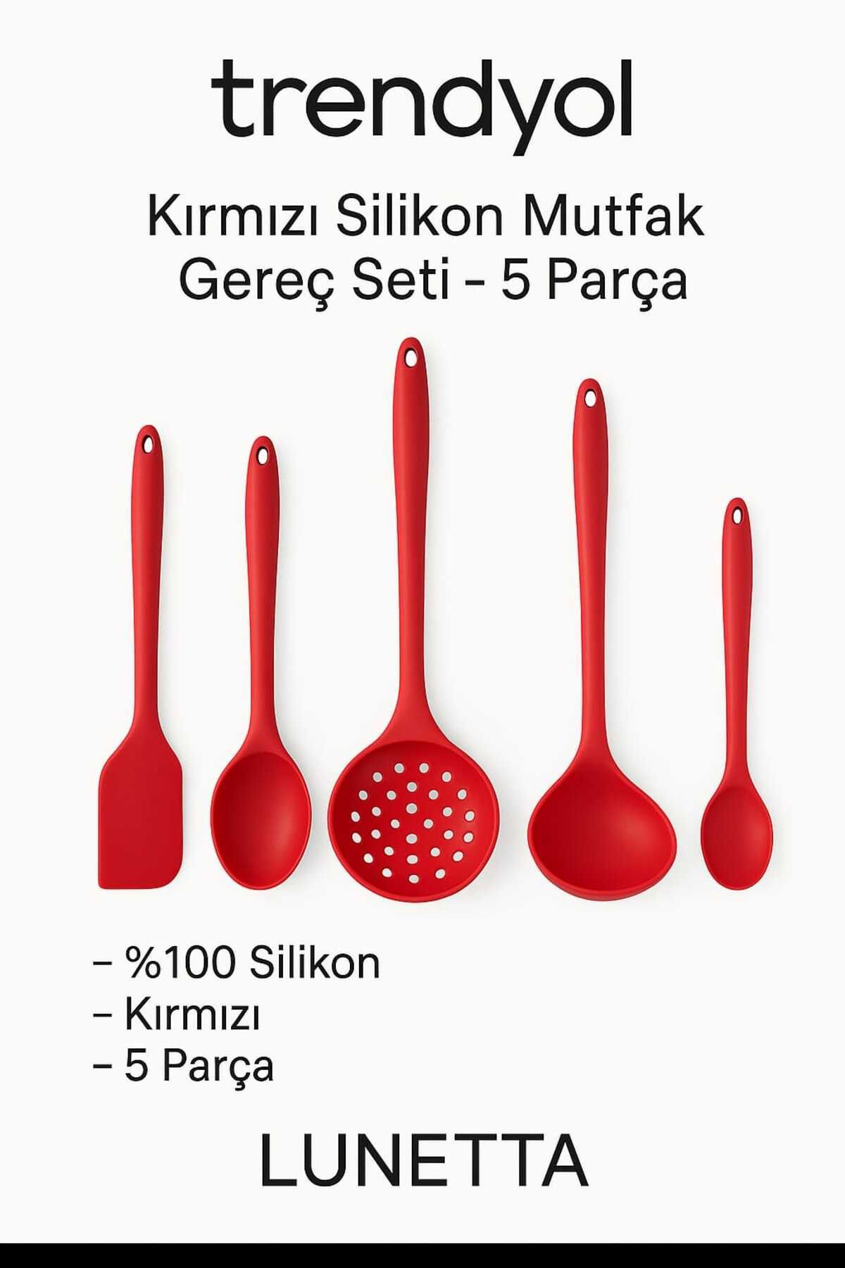 Lunetta Isıya Dayanıklı Sert Uçlu Silikon Kevgir Kepçe Kaşık Spatula Seti 5 Parça