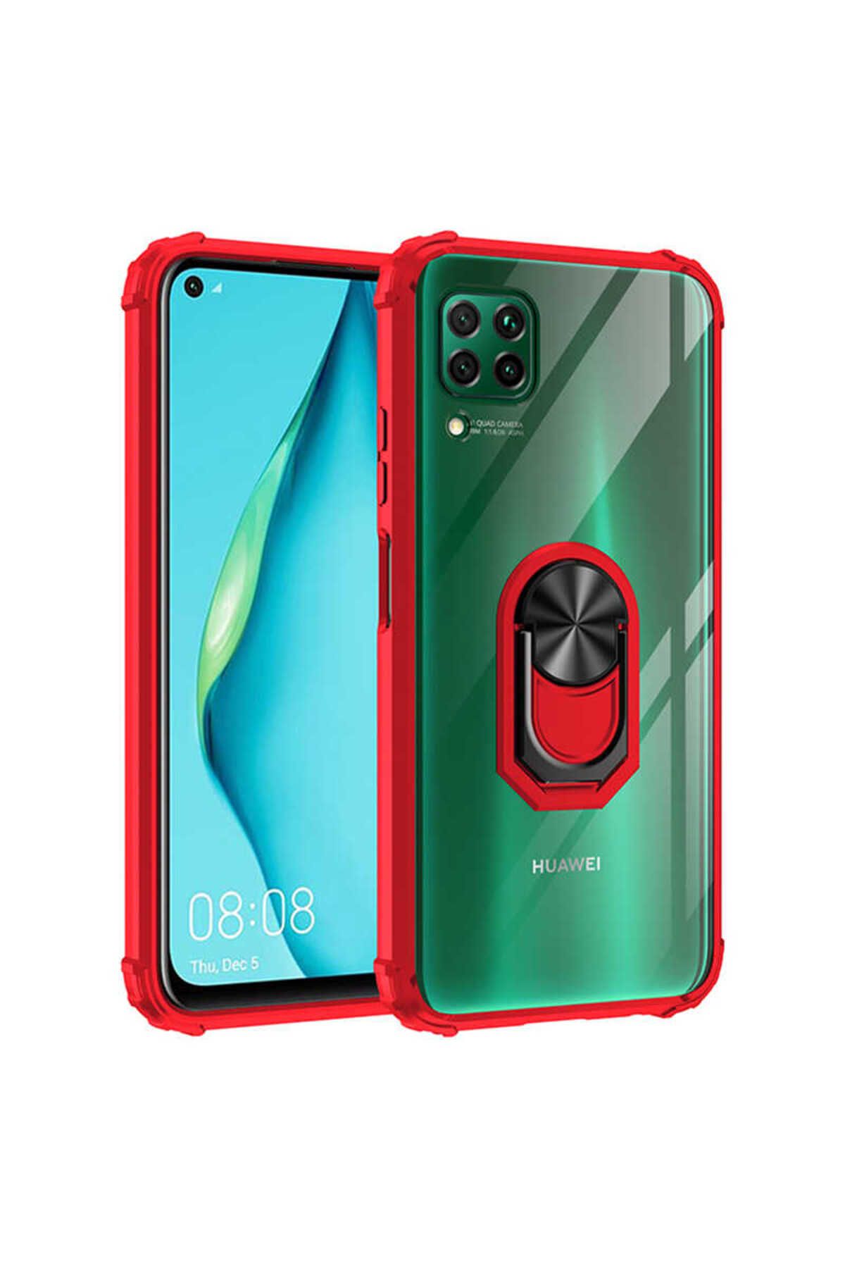 halkhouse Huawei P40 Lite Kılıf Sert Silikon Dayanıklı Şeffaf Renkli Yüzüklü Mola Kapak
