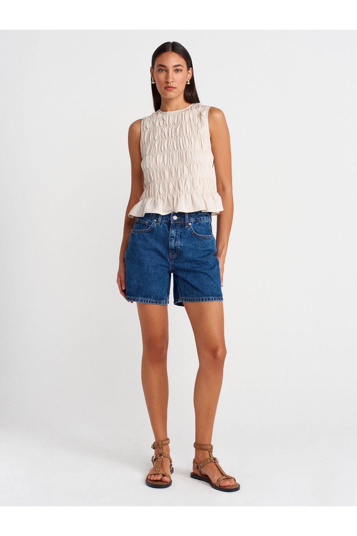 Dilvin 71996 Basic Orta Boy Denim Şort-Mavi