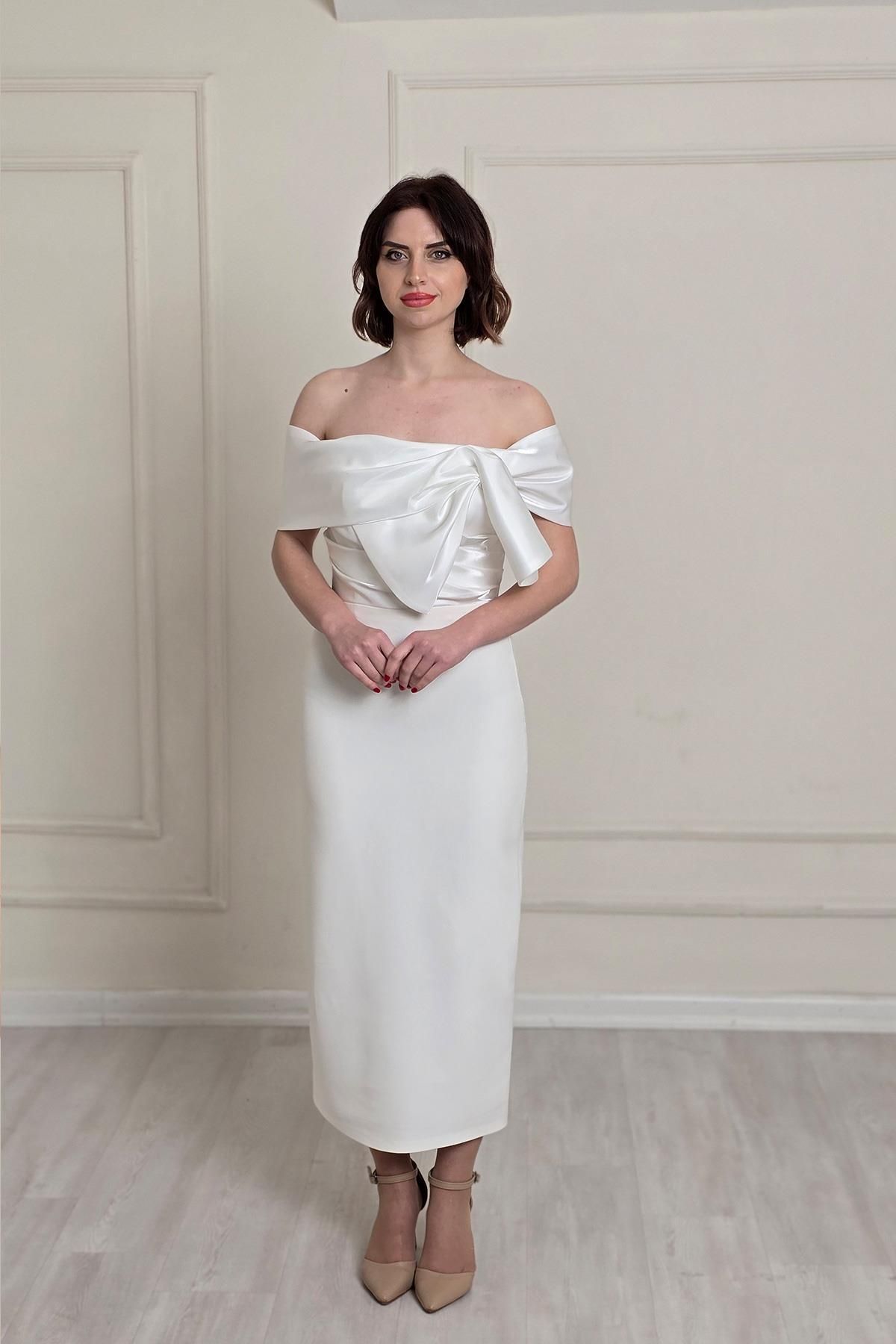 Yonca Moda Evi Beyaz Yaka Fiyonklu Abiye 8312