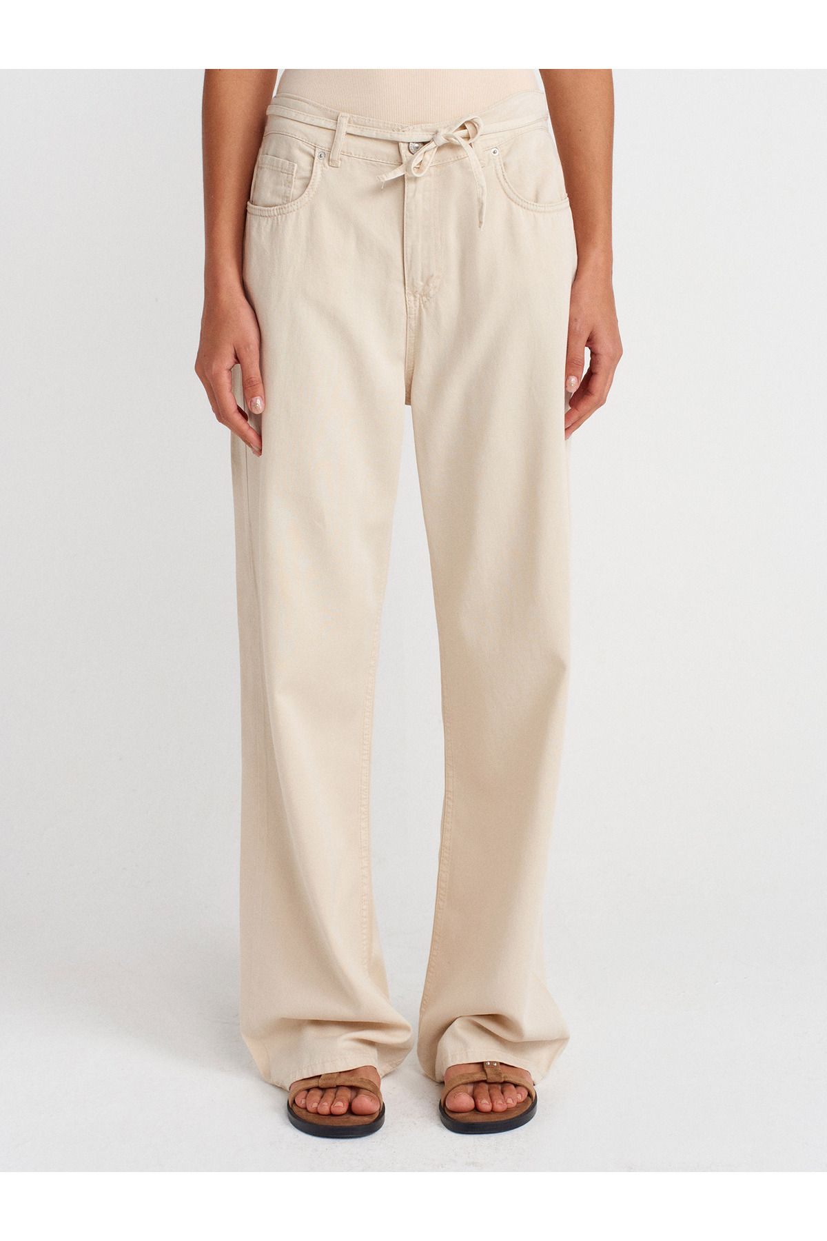 Dilvin-72002 Comfortable Denim Trousers with Elastic Back Section-Stone 4
