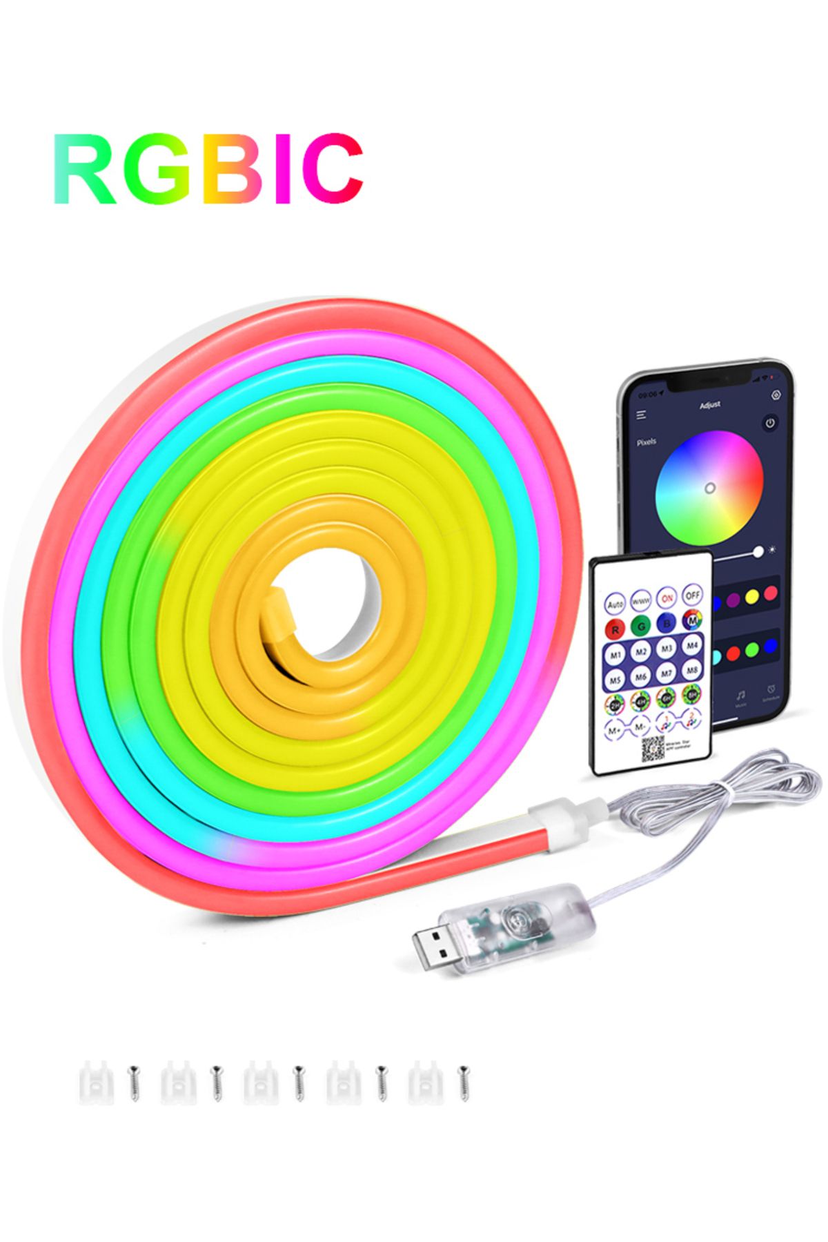 Choice-شريط إضاءة نيون LED RGBIC USB بطول 1 متر و5 فولت، شريط إضاءة نيون IP65 RGBIC بطول 1/2/3/4/5 متر مع تطبيق بلوتوث وجهاز تحكم عن بعد 7