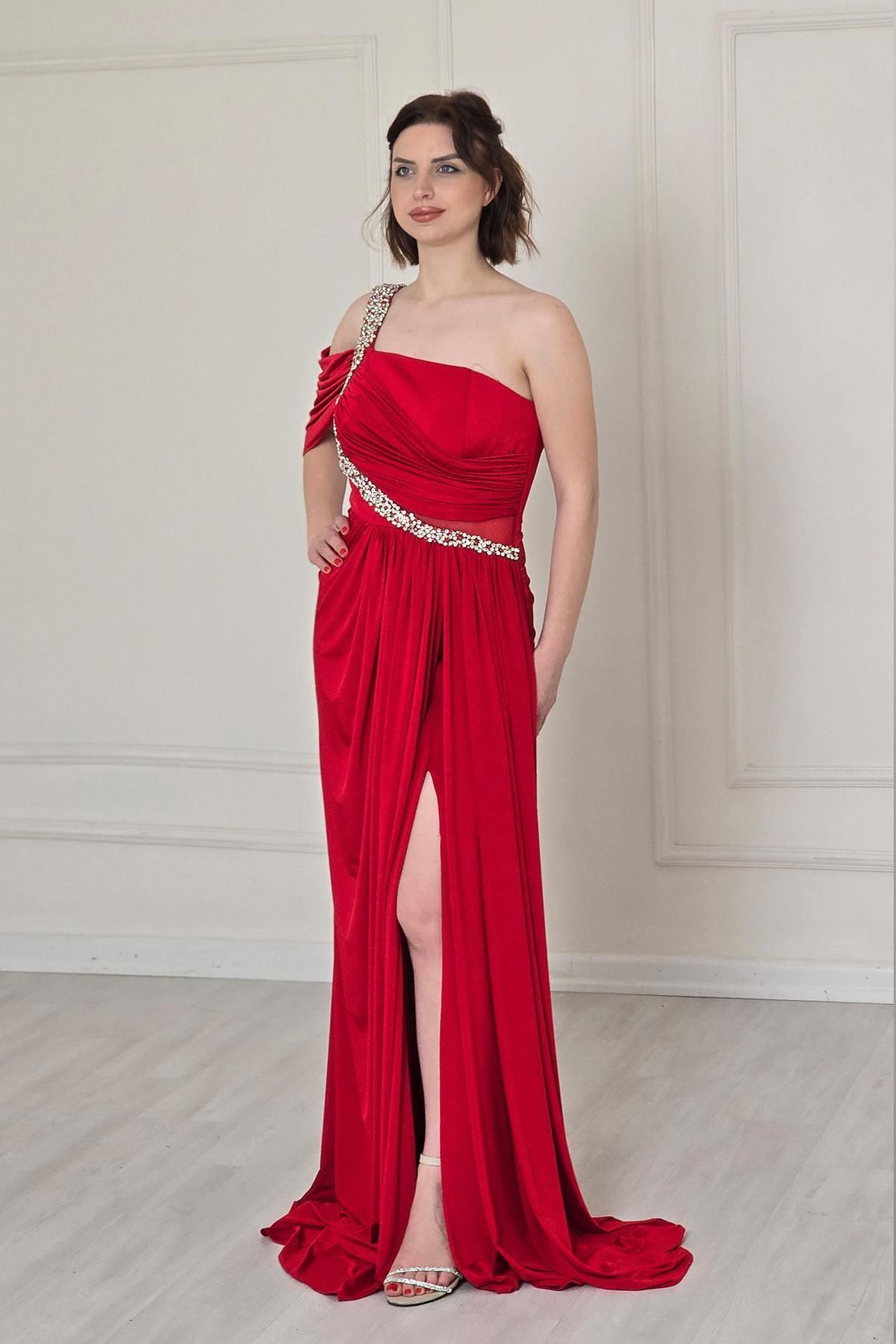 Yonca Moda Evi Kırmızı Tek Omuz Buzzy Abiye 5270