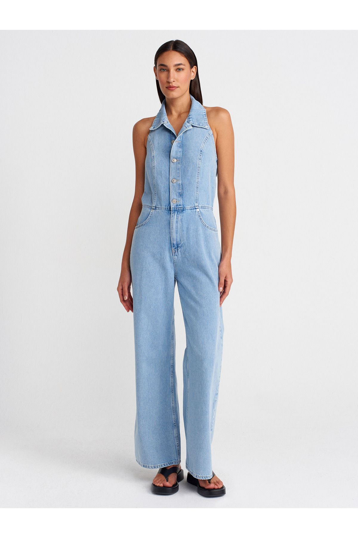 Dilvin 72008 Sırtı Açık Uzun Denim Tulum-Mavi