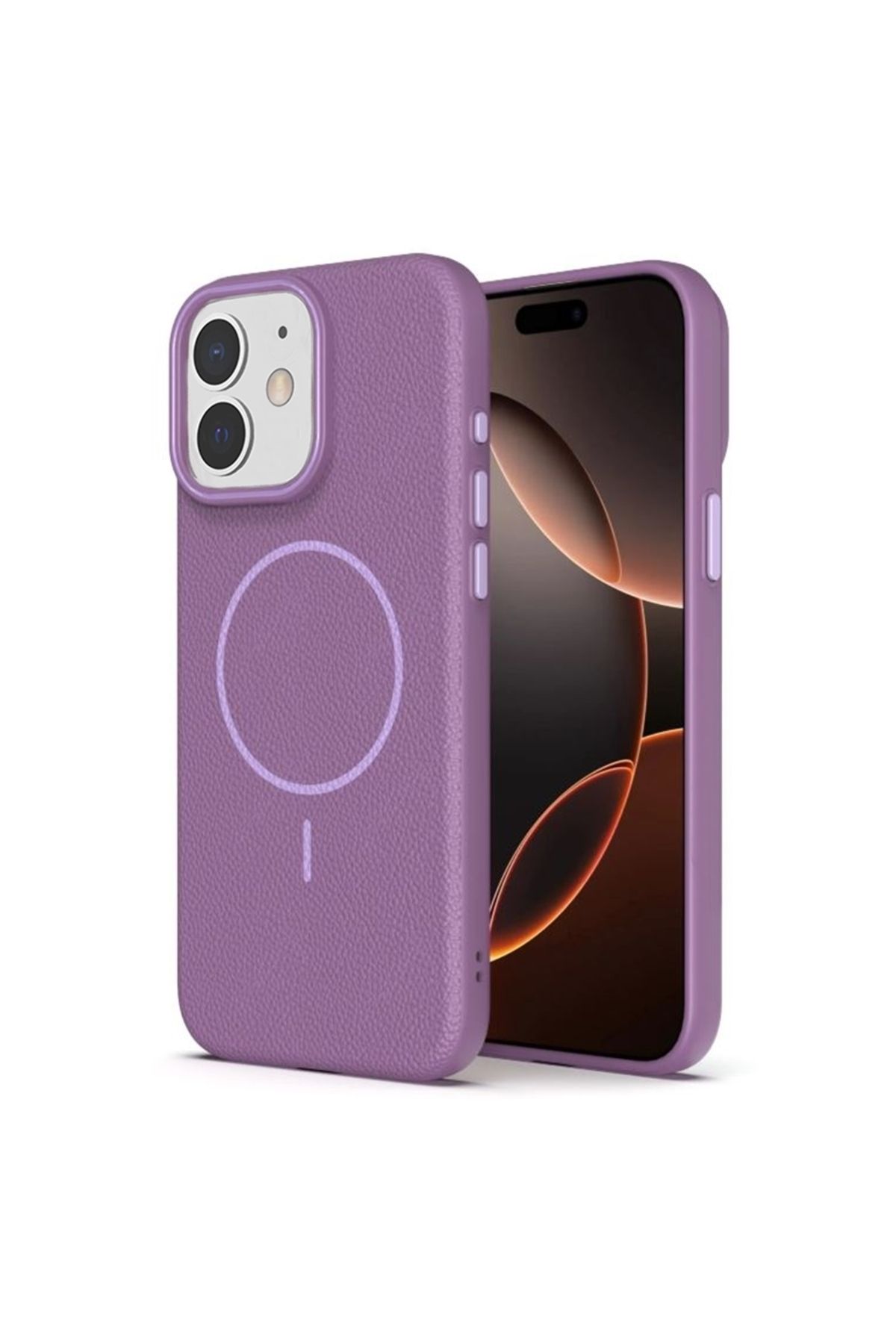 Apsuwa iPhone 11 uyumlu Kılıf Lichee Deri Desen Silikon Kablosuz Şarj Özellikli Mürdüm