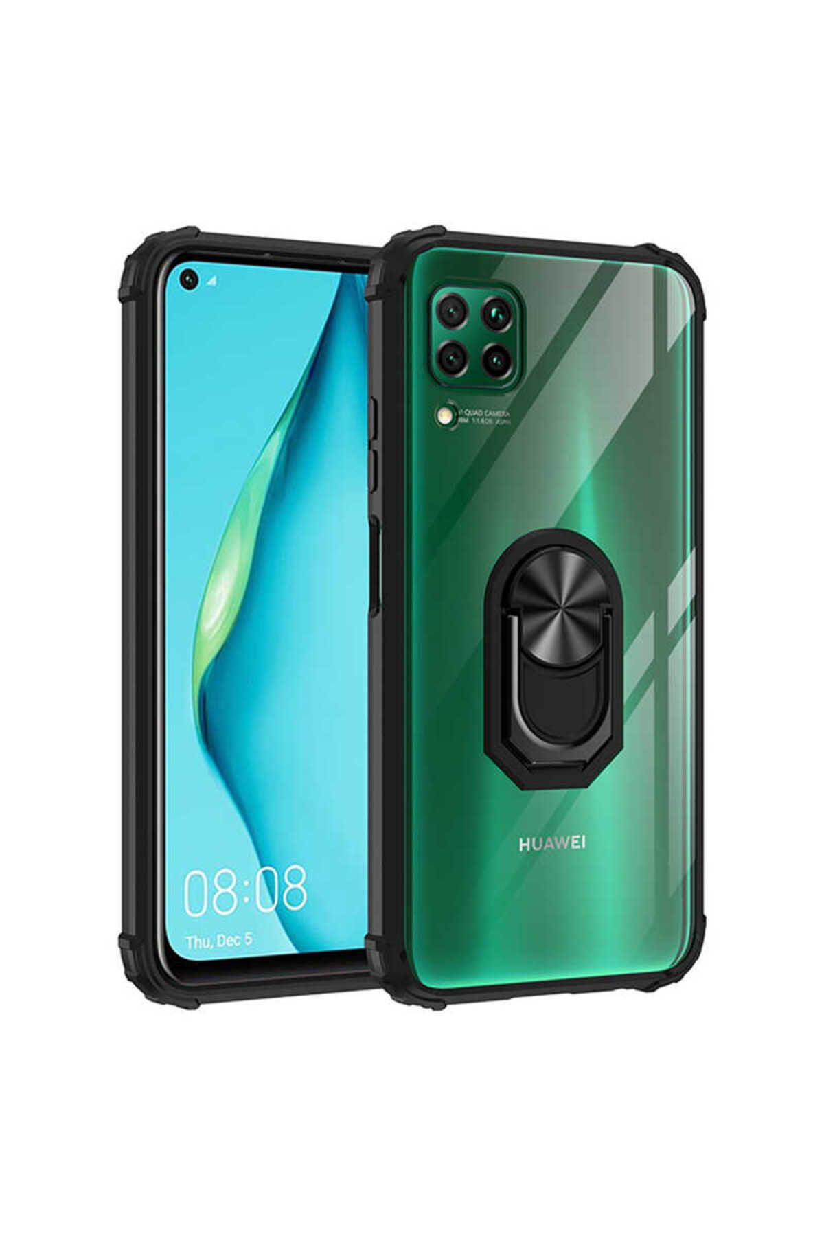 halkhouse Huawei P40 Lite Kılıf Sert Silikon Dayanıklı Şeffaf Renkli Yüzüklü Mola Kapak