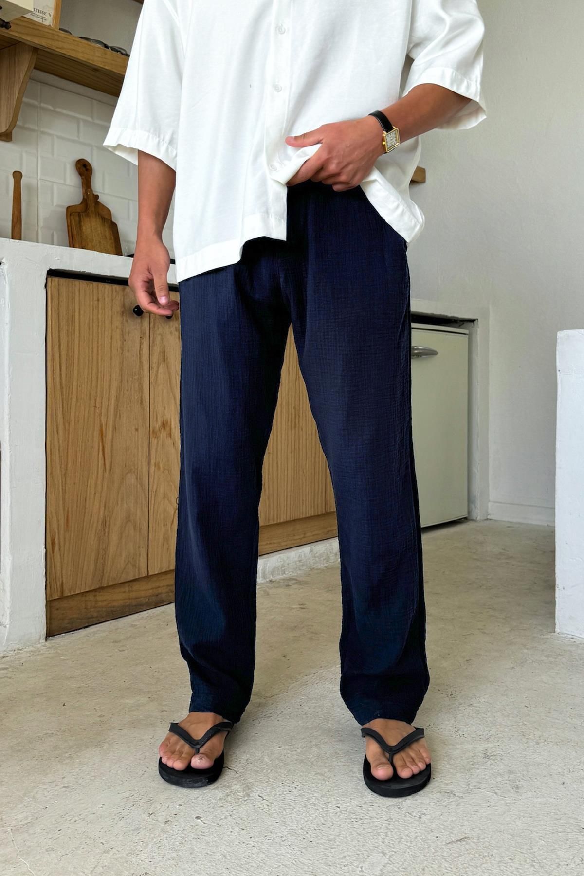 Flaw Wear Lacivert Bel Lastikli Müslin Kumaş Pantolon