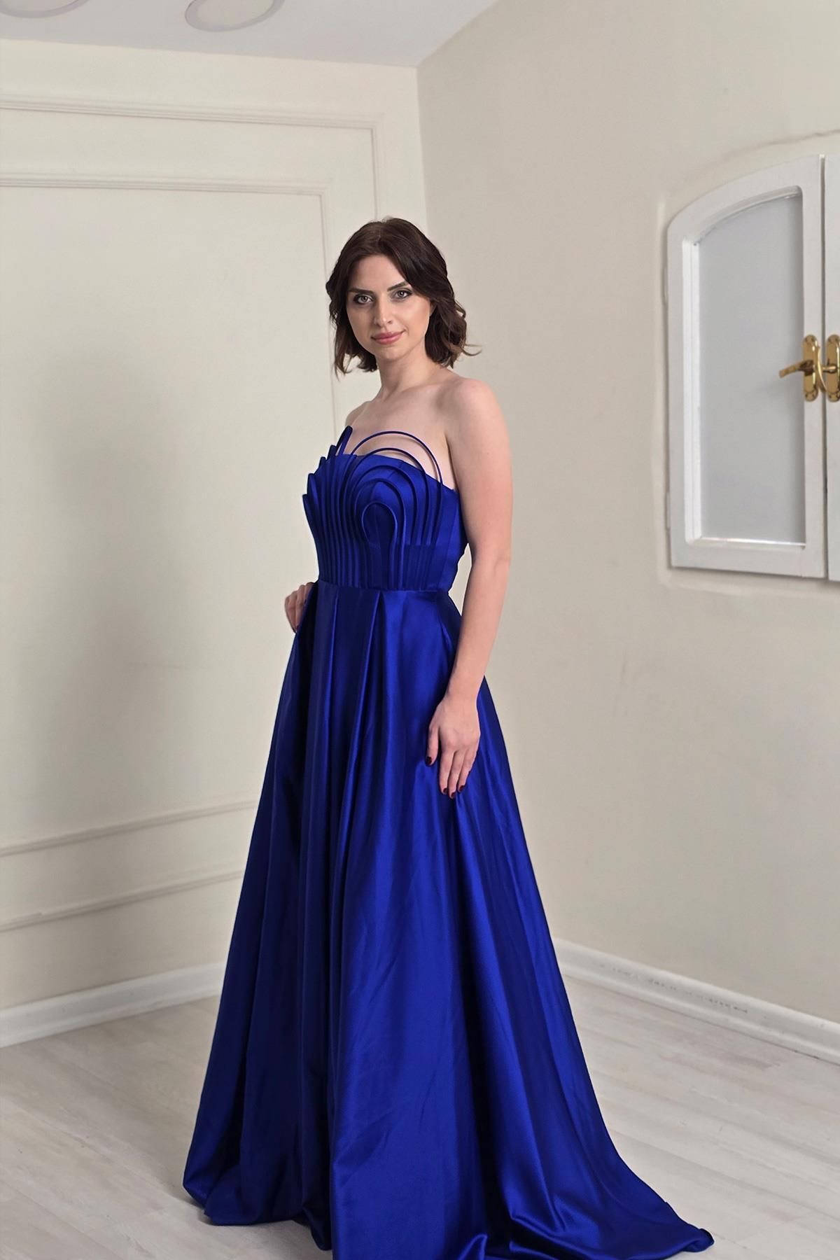 Yonca Moda Evi Saks Mavi Biyeli Saten Abiye 7400