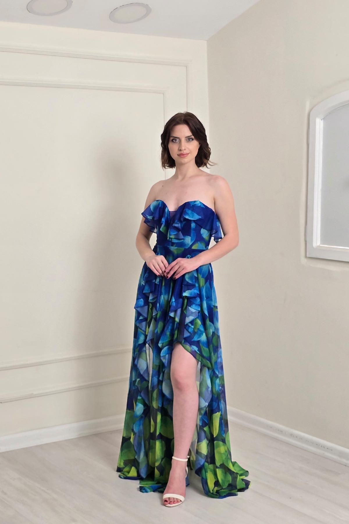 Yonca Moda Evi Yeşil Desenli Fırfırlı Tül Abiye 7290