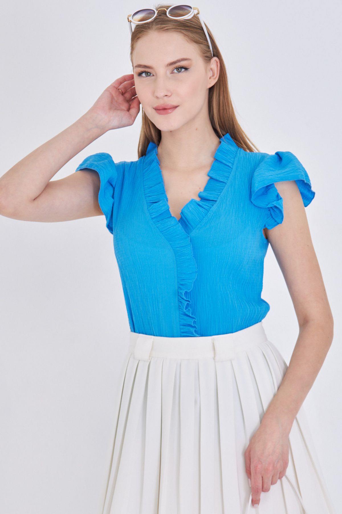 armonika Kadın Mavi Yakası Ve Kolları Fırfırlı Bluz ARM-25Y001063