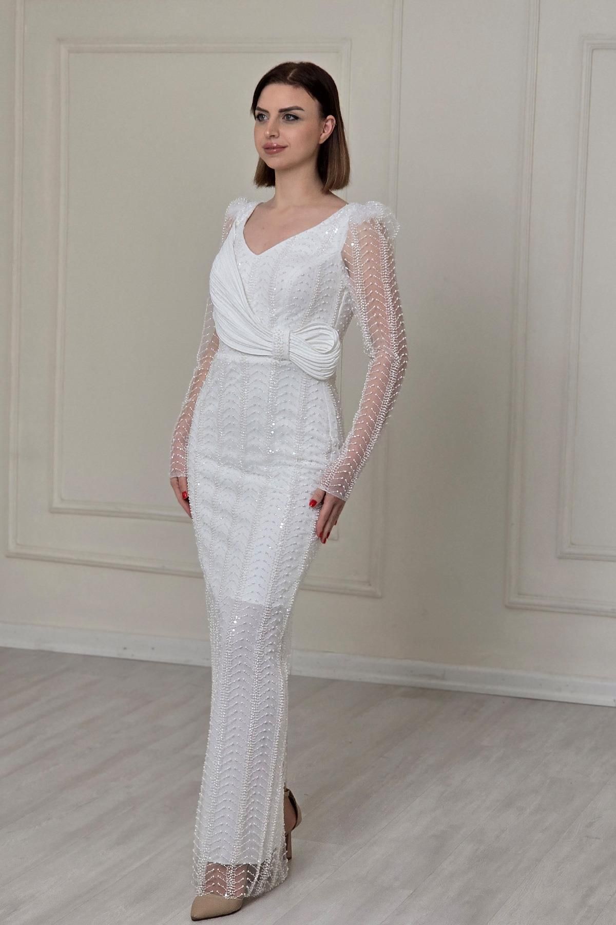 Yonca Moda Evi Beyaz Göğüsten Pilise Detaylı A. 5430