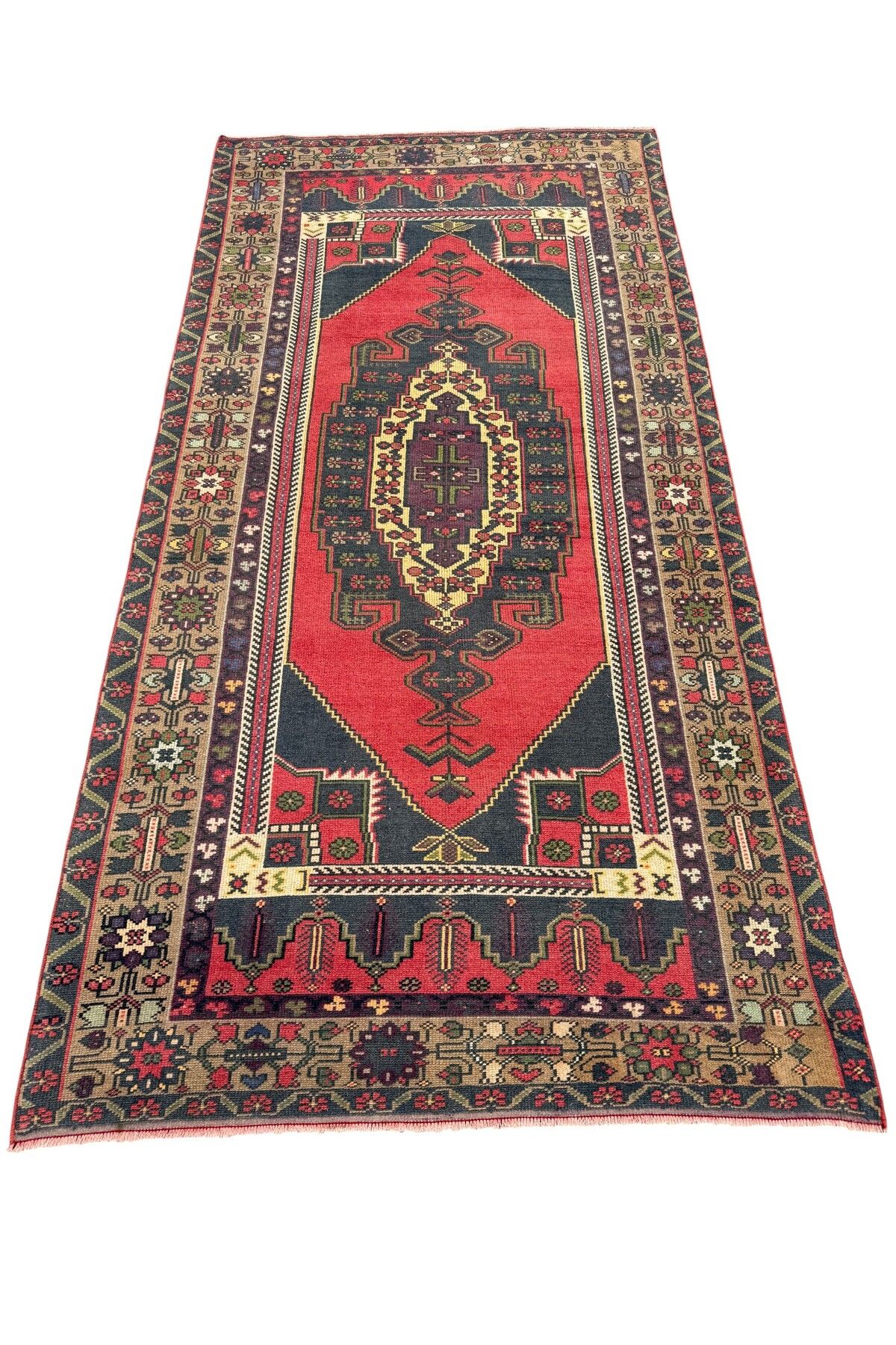 BURAK HALI El Dokuma Eskitme Taşpınar Halısı 133x270 Kırmızı Lacivert Yün Halı