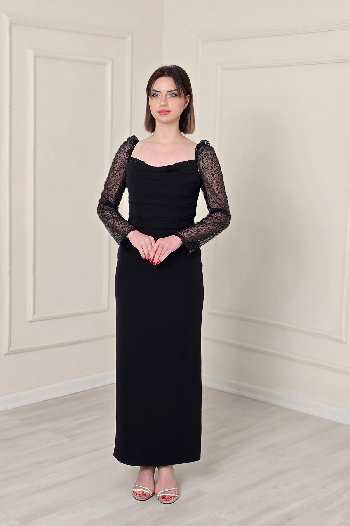 Yonca Moda Evi Siyah Kollar Pullu Abiye 8315