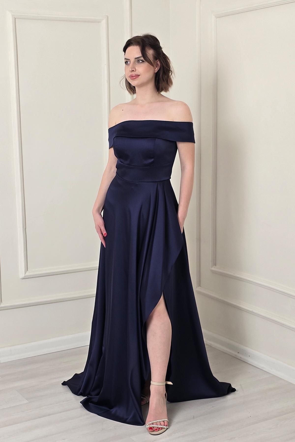 Yonca Moda Evi Lacivert Madonna Yaka Abiye 5045