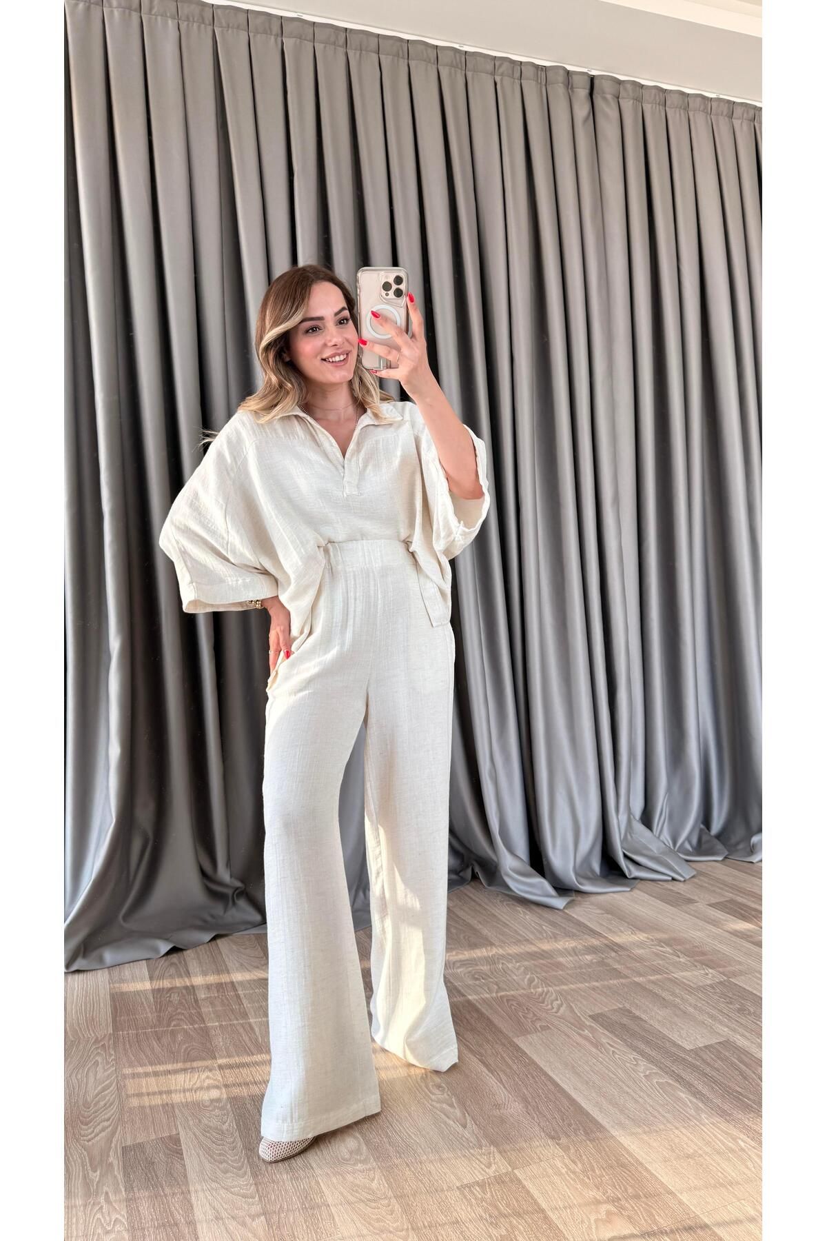 pelin yıldız butik Ham Keten V Yaka Takım