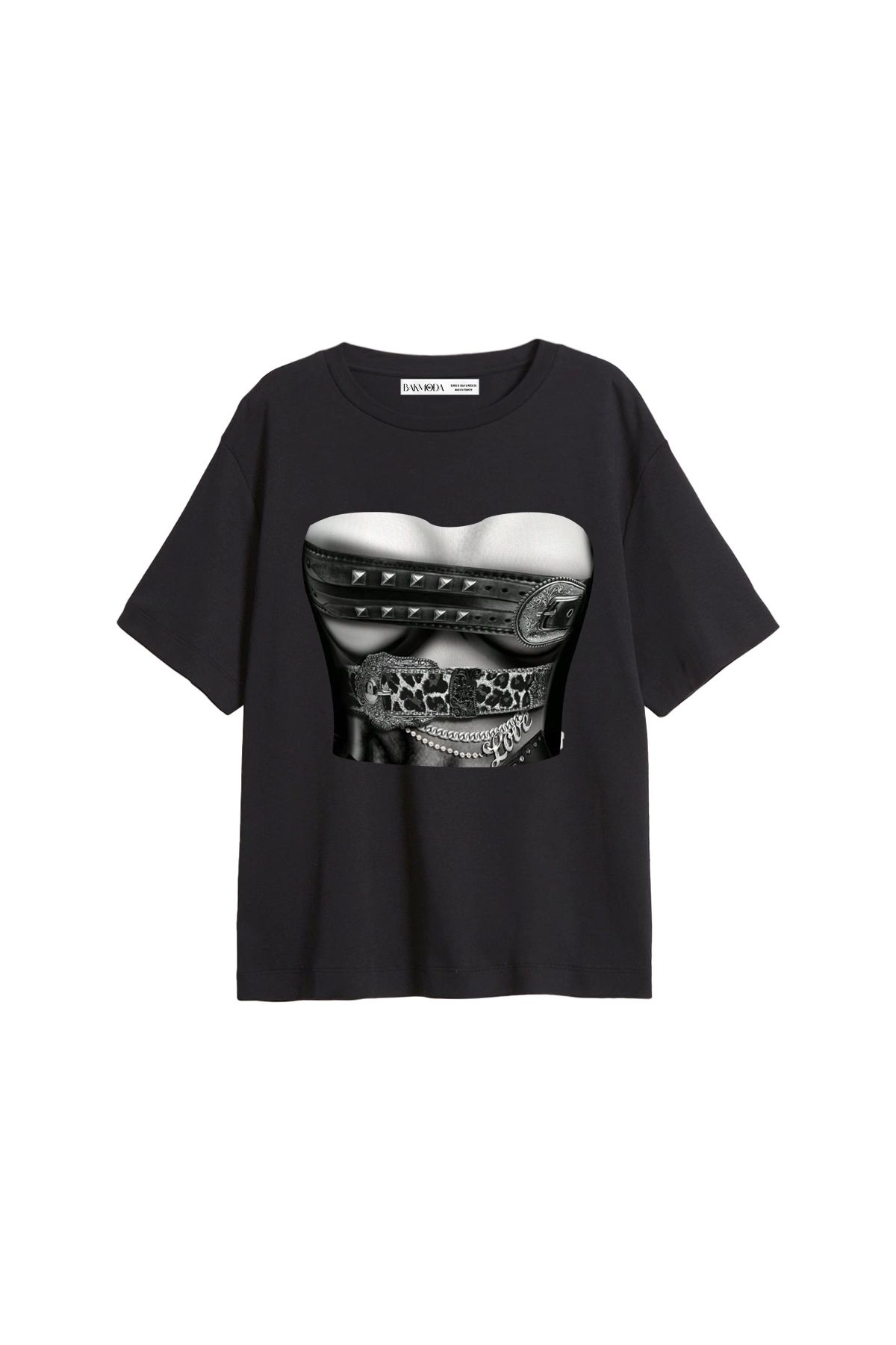 CİNEMA MODA Belted Baskılı Relaxed Fit Siyah Kadın Tshirt