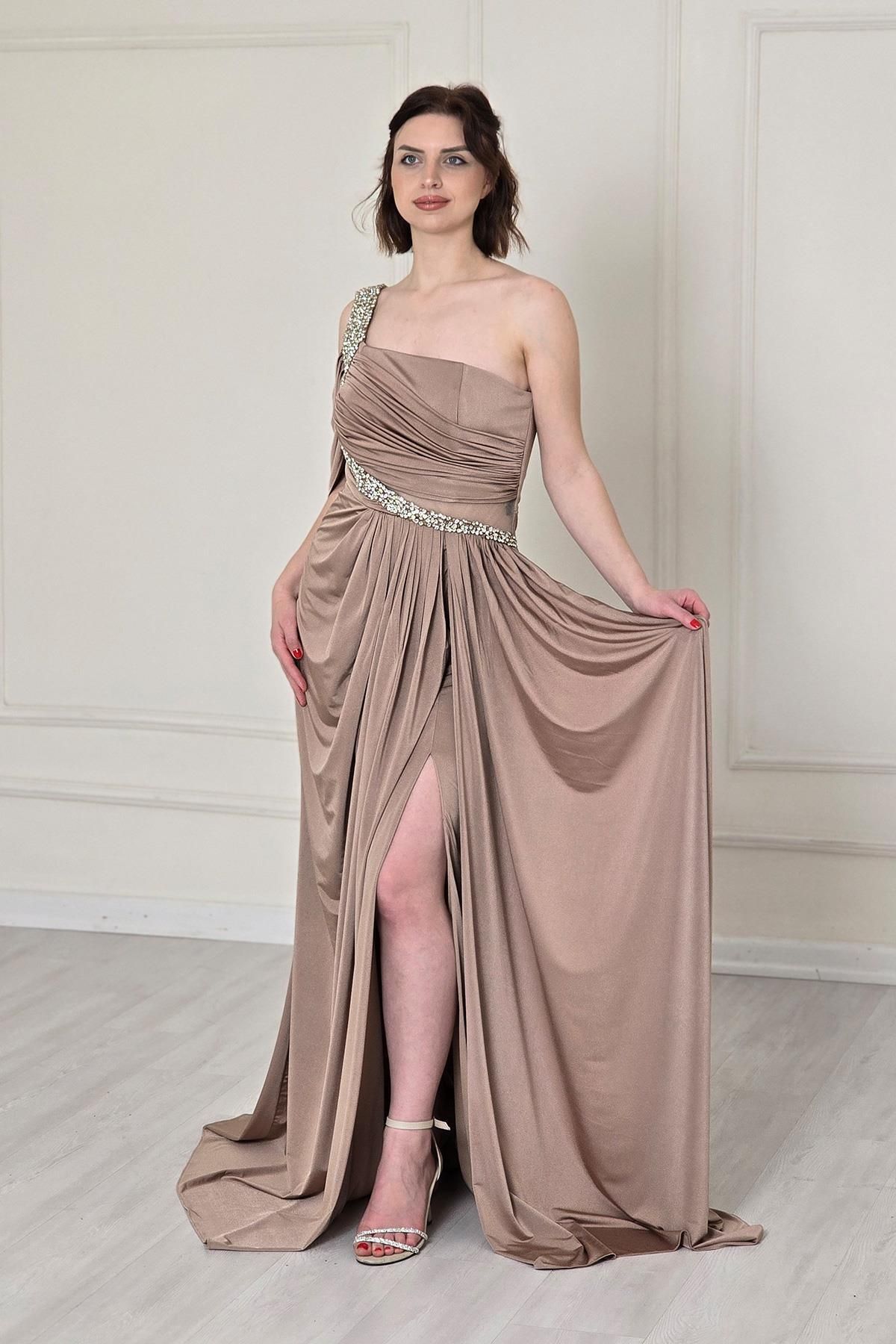 Yonca Moda Evi Bej Tek Omuz Buzzy Abiye 5270