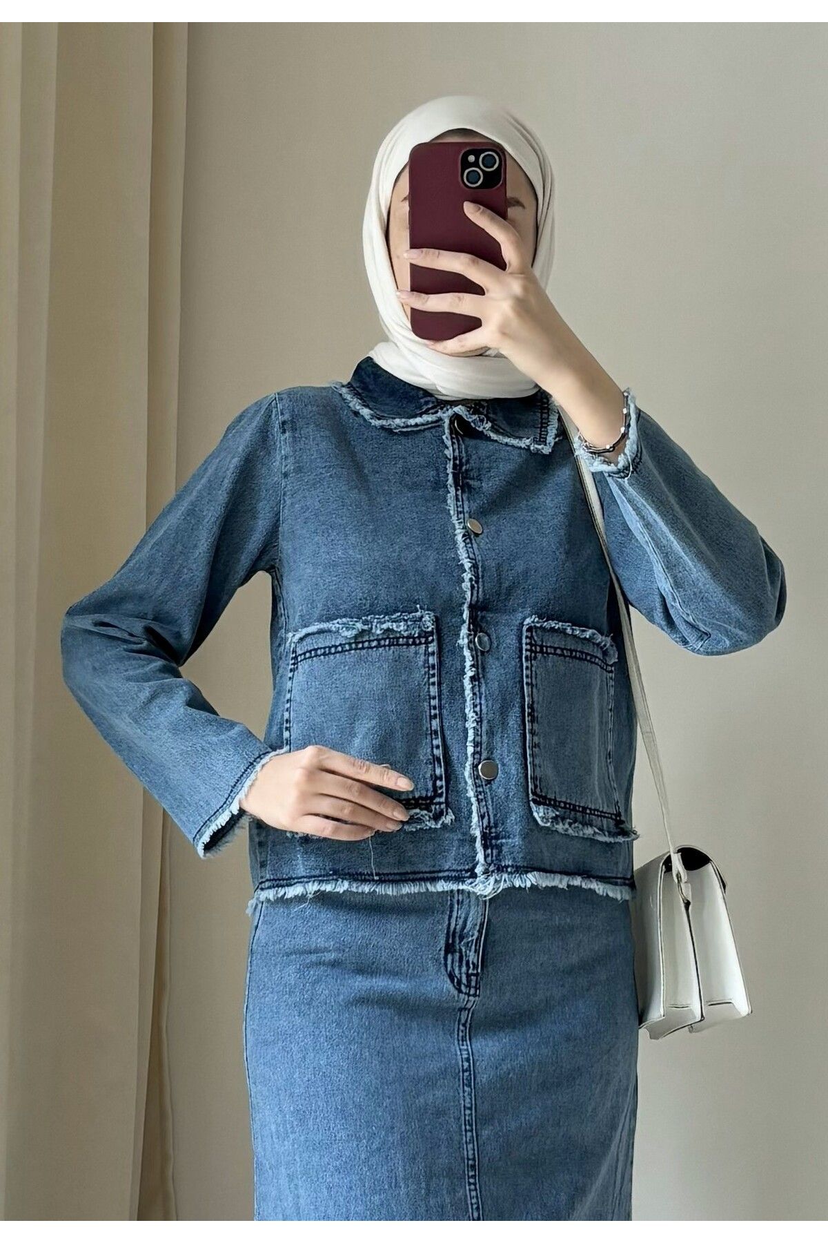Suede Style 8942-1 - Bel Kuşak Detaylı 4 Cepli Rahat Şık Kadın Kot Ceket