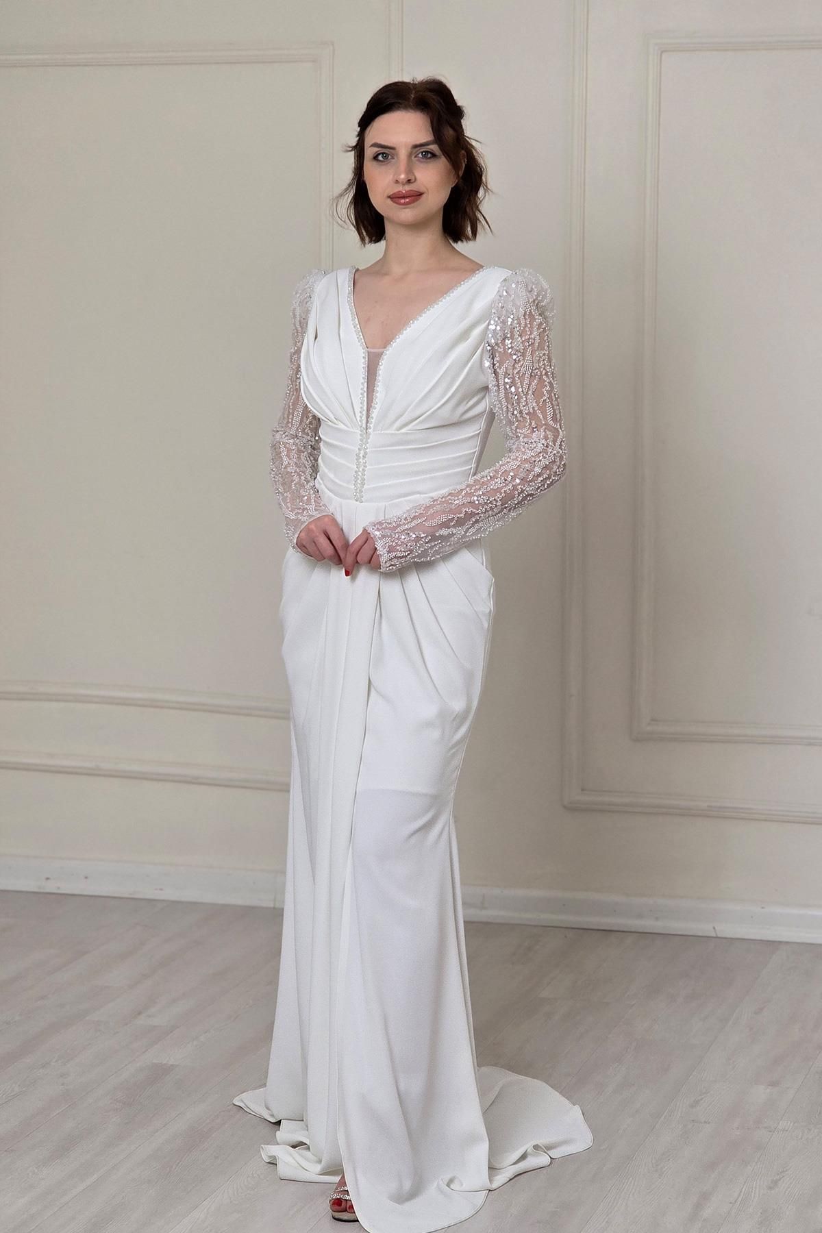 Yonca Moda Evi Beyaz Belden Drapeli Abiye 5225