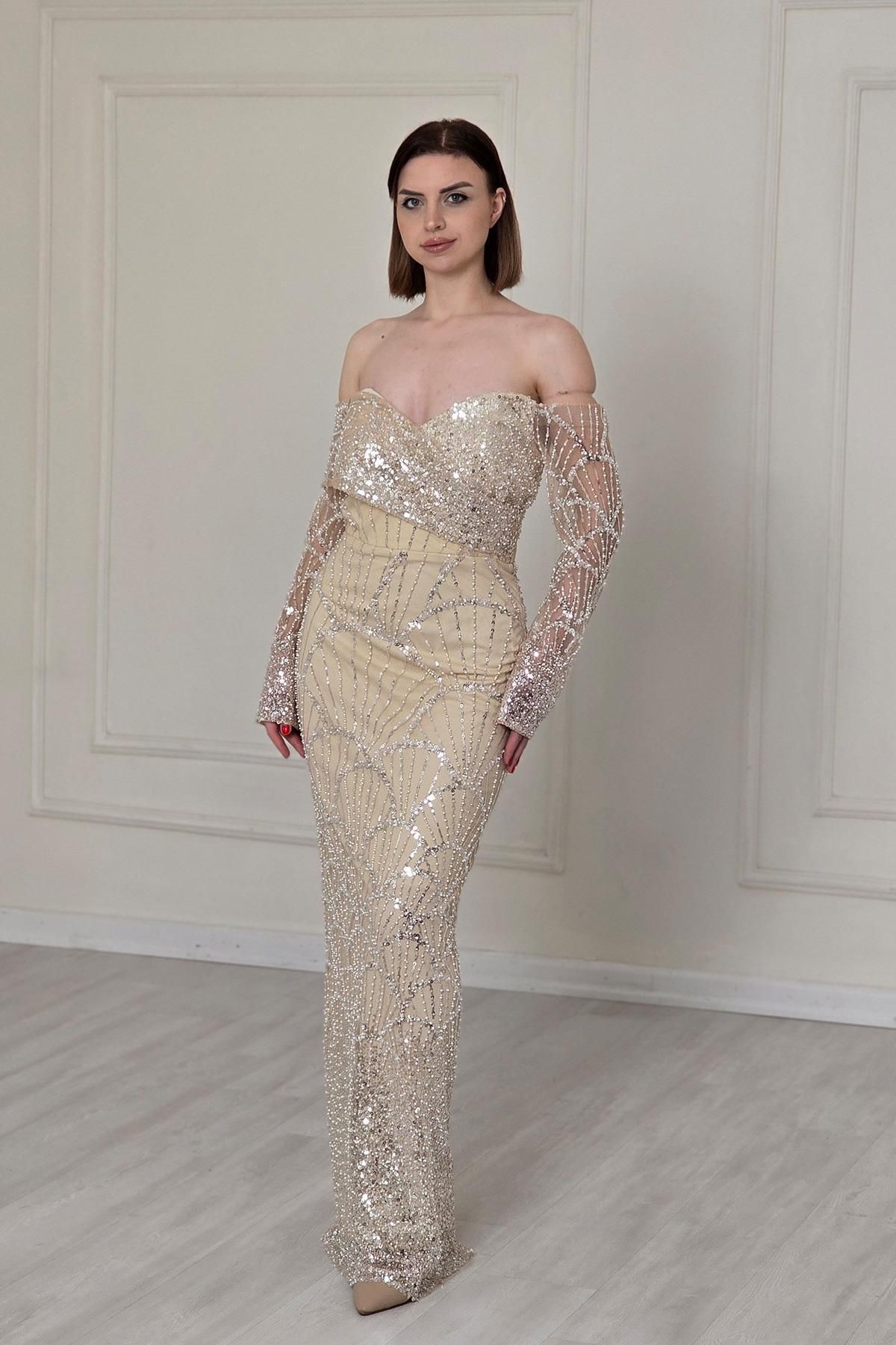 Yonca Moda Evi Bej Kayık Yaka Bağcıklı Abiye 5395