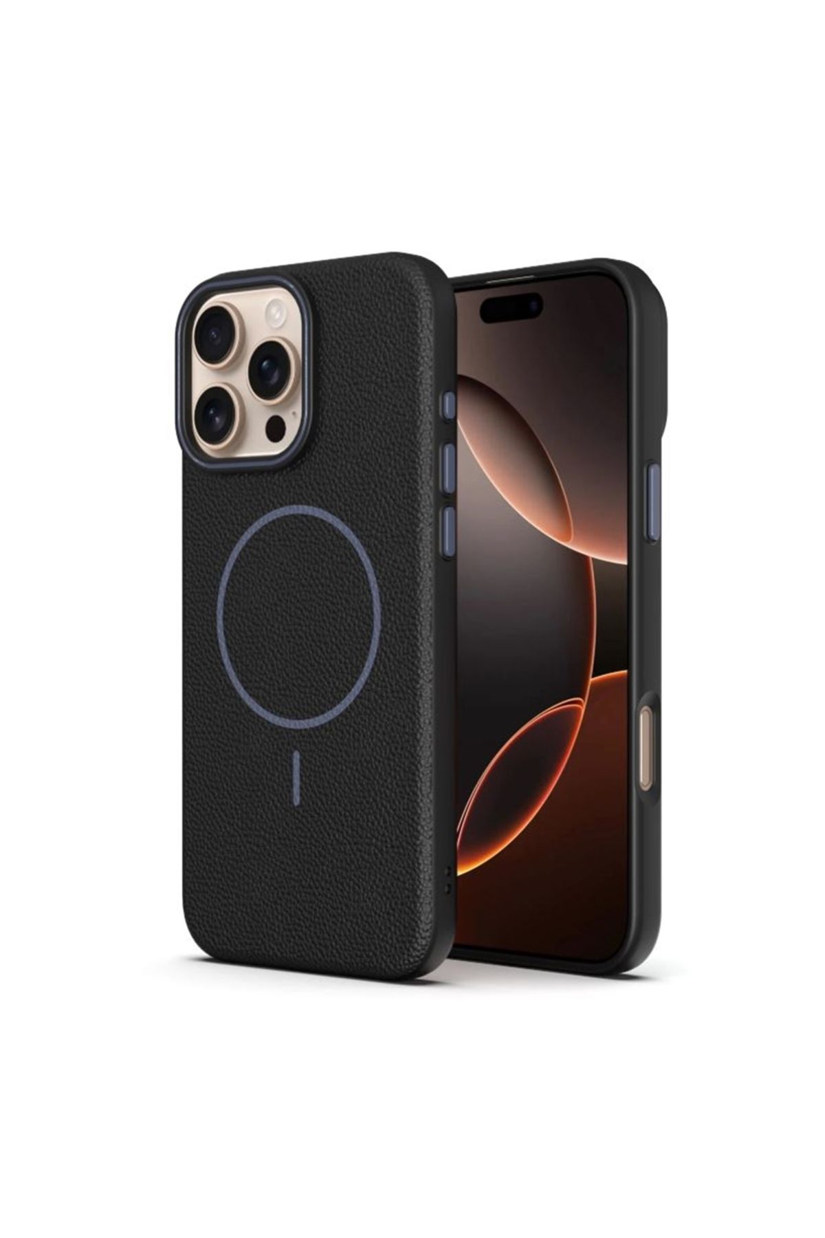 Apsuwa iPhone 15 Pro uyumlu Kılıf Lichee Deri Desen Silikon Kablosuz Şarj Özellikli Siyah