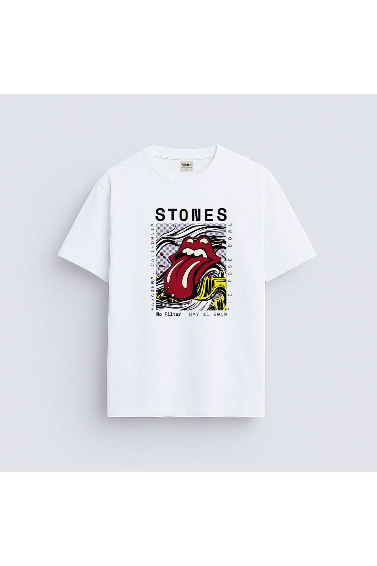 sielta Rolling Stones Baskılı Bisiklet Yaka Kadın Erkek Beyaz Tişört T-hsirt