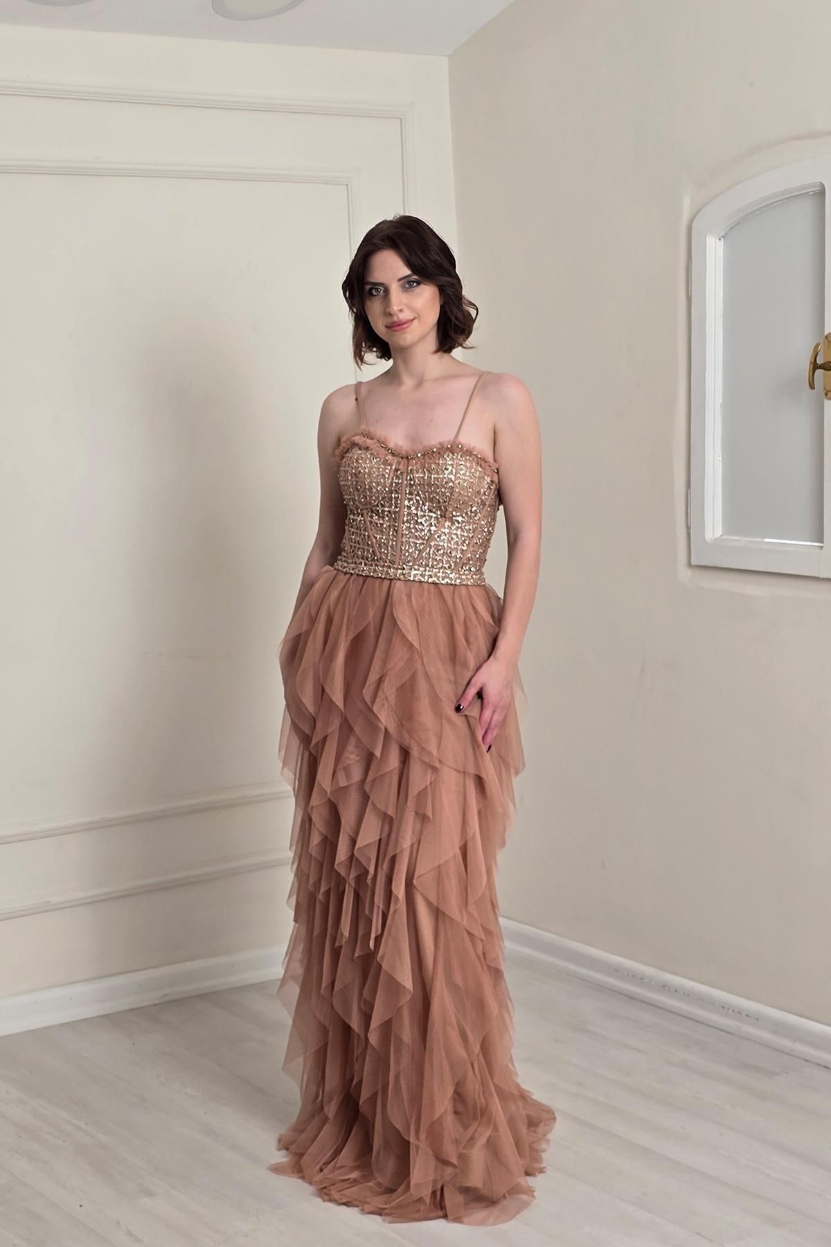 Yonca Moda Evi Gold Etekleri Fırfırlı Abiye 5200