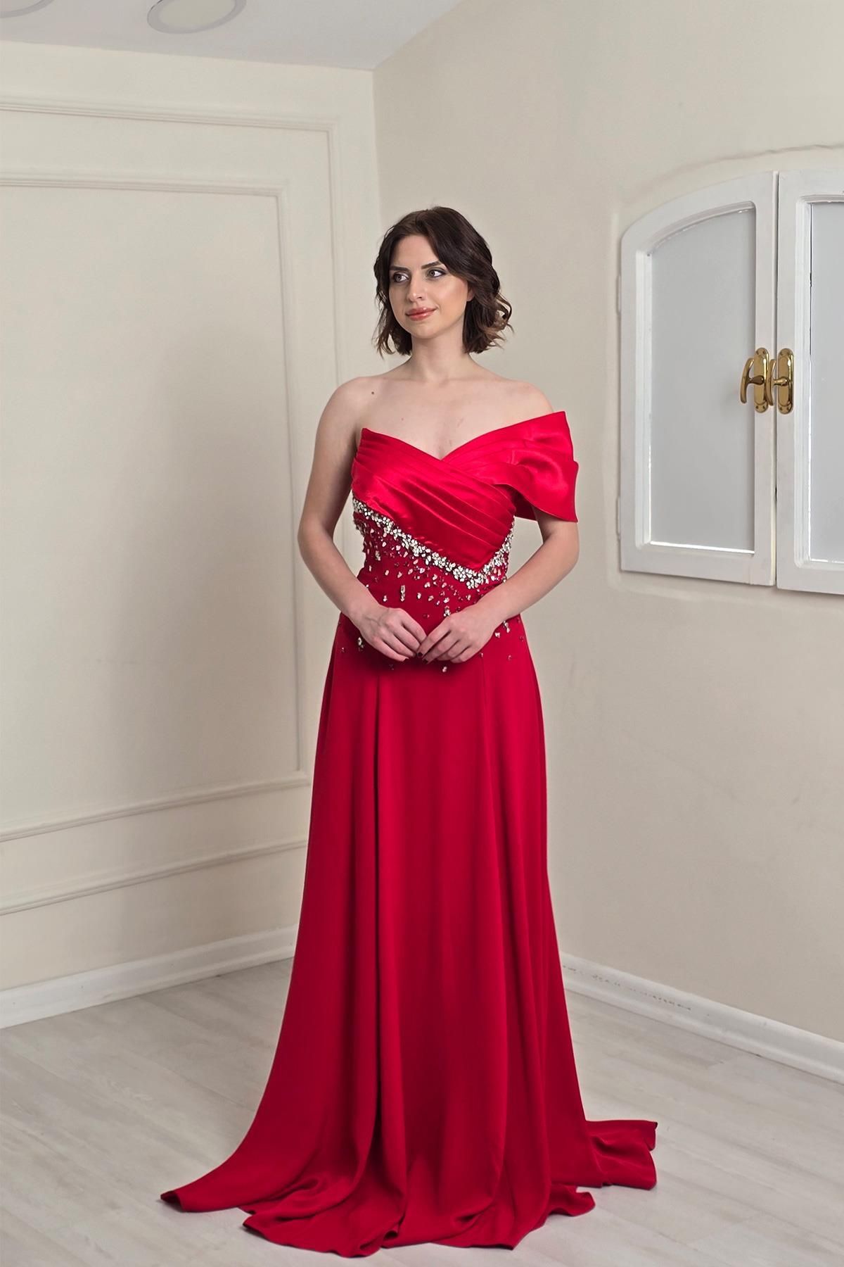 Yonca Moda Evi Kırmızı Taşlı Tek Omuz Abiye Elbise 5420