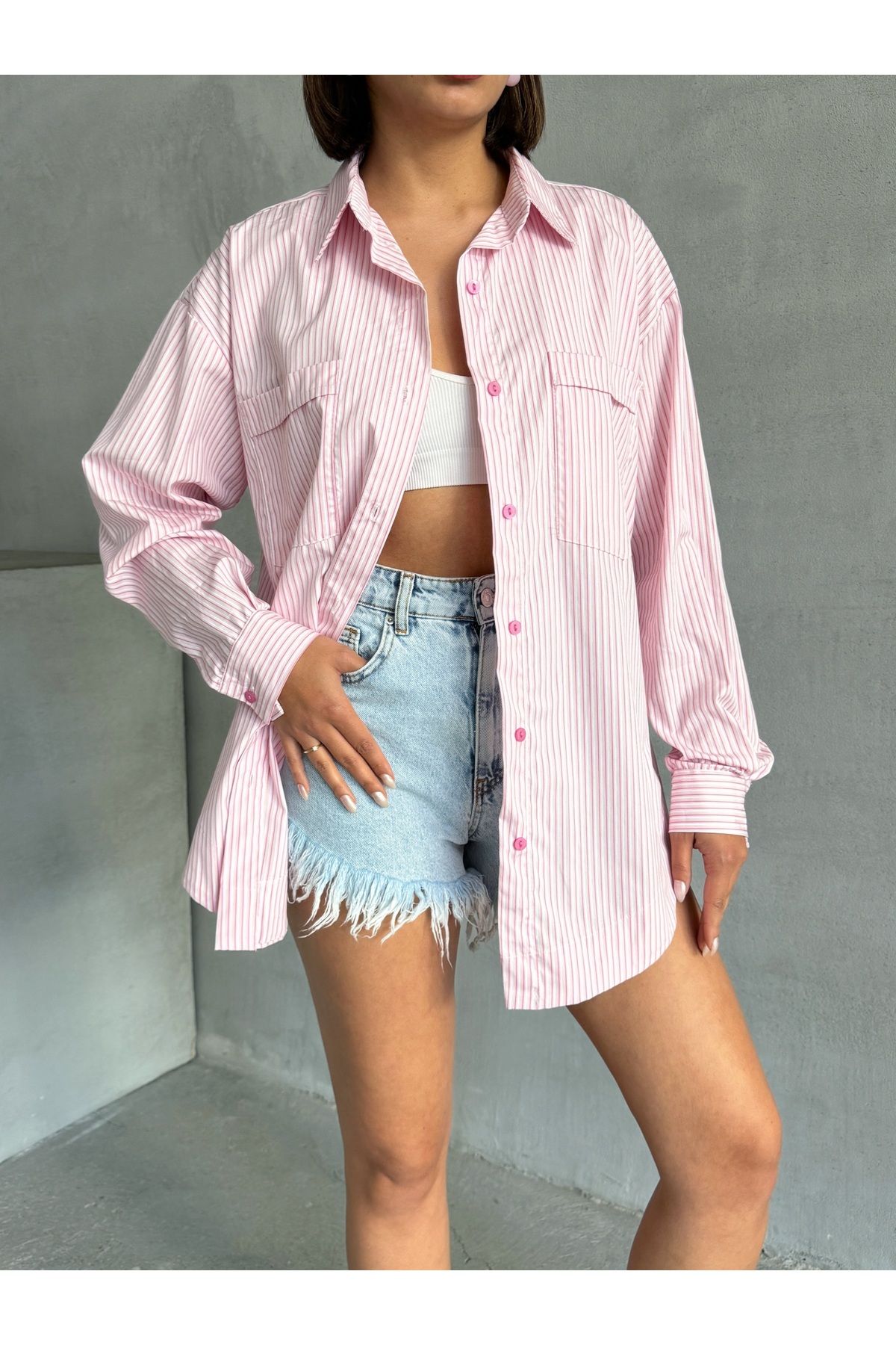 Miss Prova Çizgili Oversize Kol Detaylı Gömlek MISSGML2297
