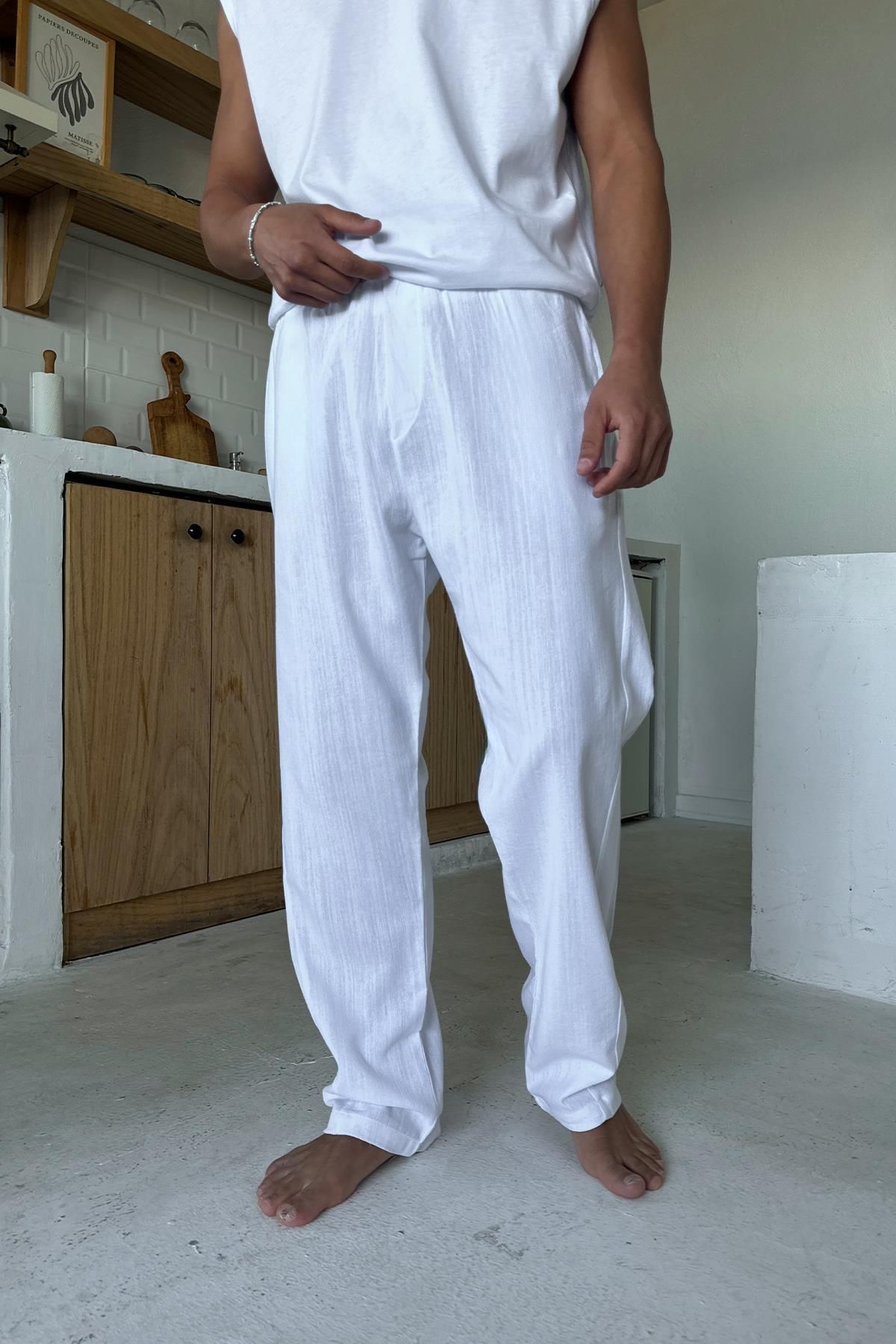 Flaw Wear Beyaz Bel Lastikli Keten Pantolon