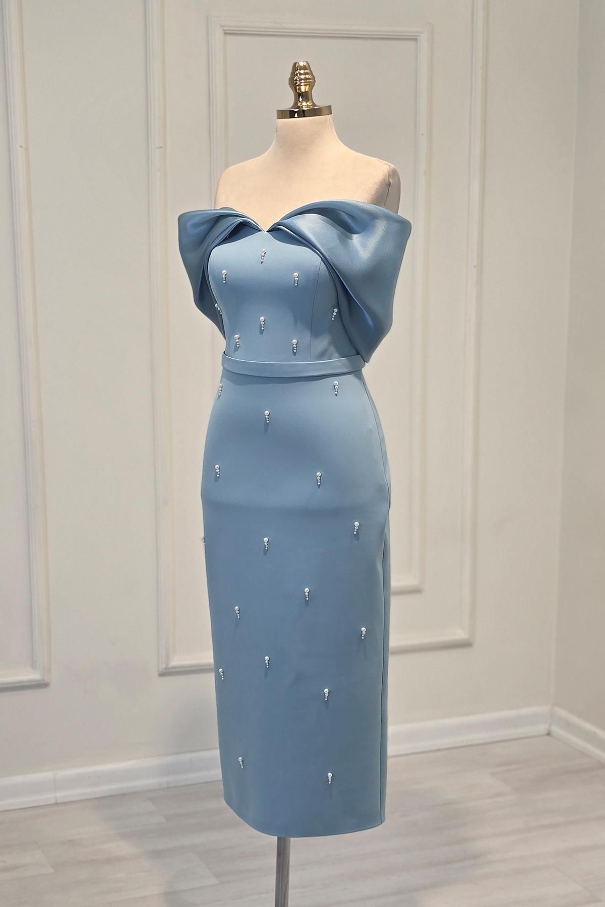 Yonca Moda Evi Mavi Krep Organze İnci Detaylı Abiye 1253