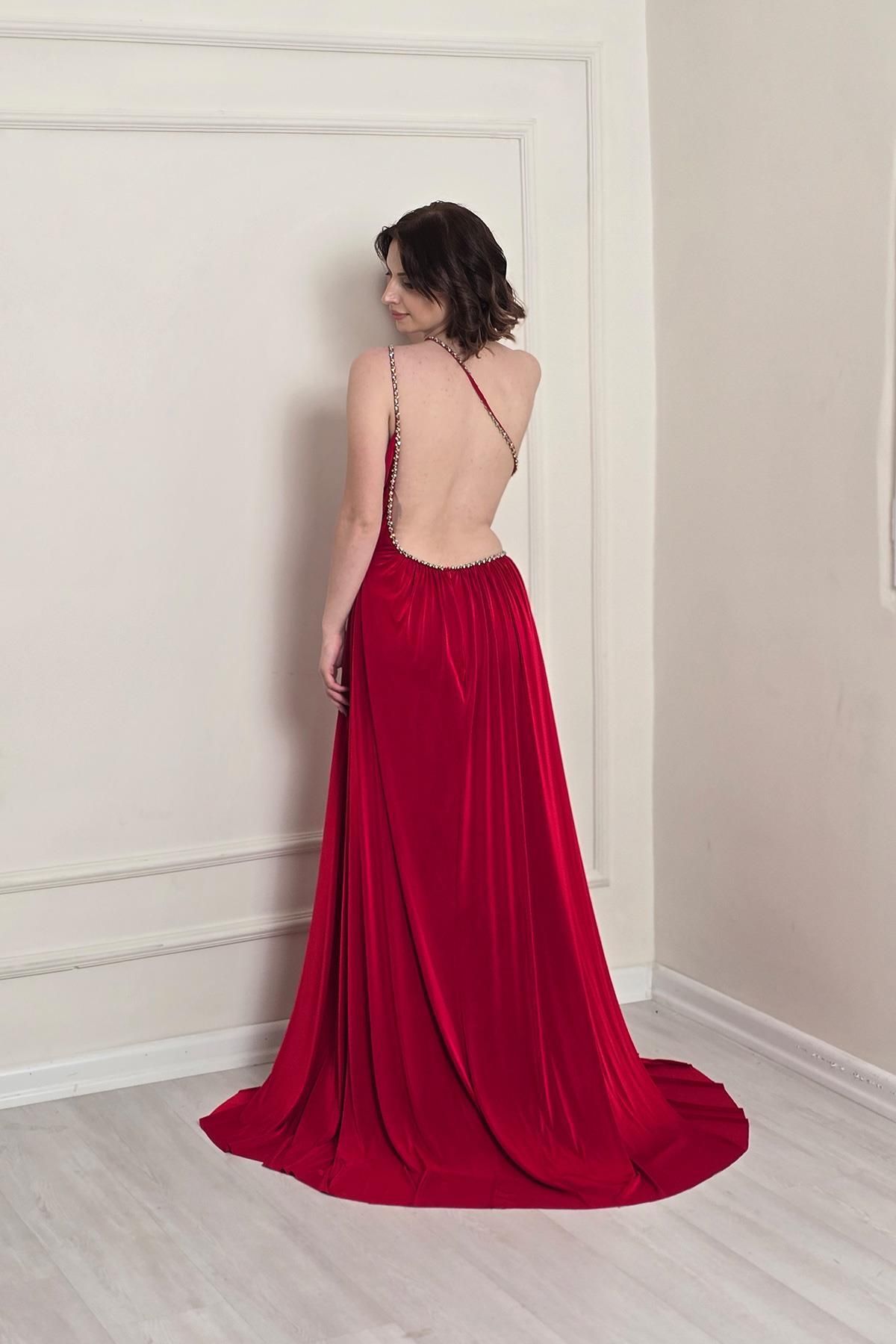 Yonca Moda Evi Kırmızı Sırtı Açık Abiye Elbise7110