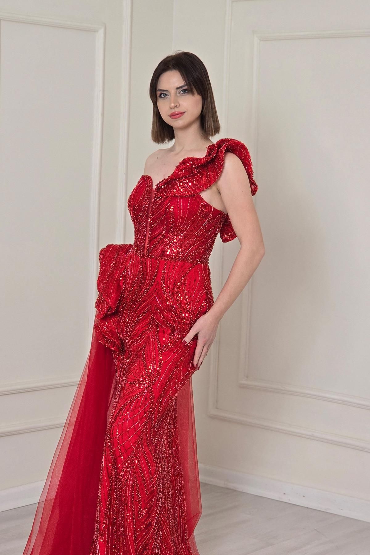Yonca Moda Evi Kırmızı Volanlı Tül Detaylı Tasarım Abiye 4460