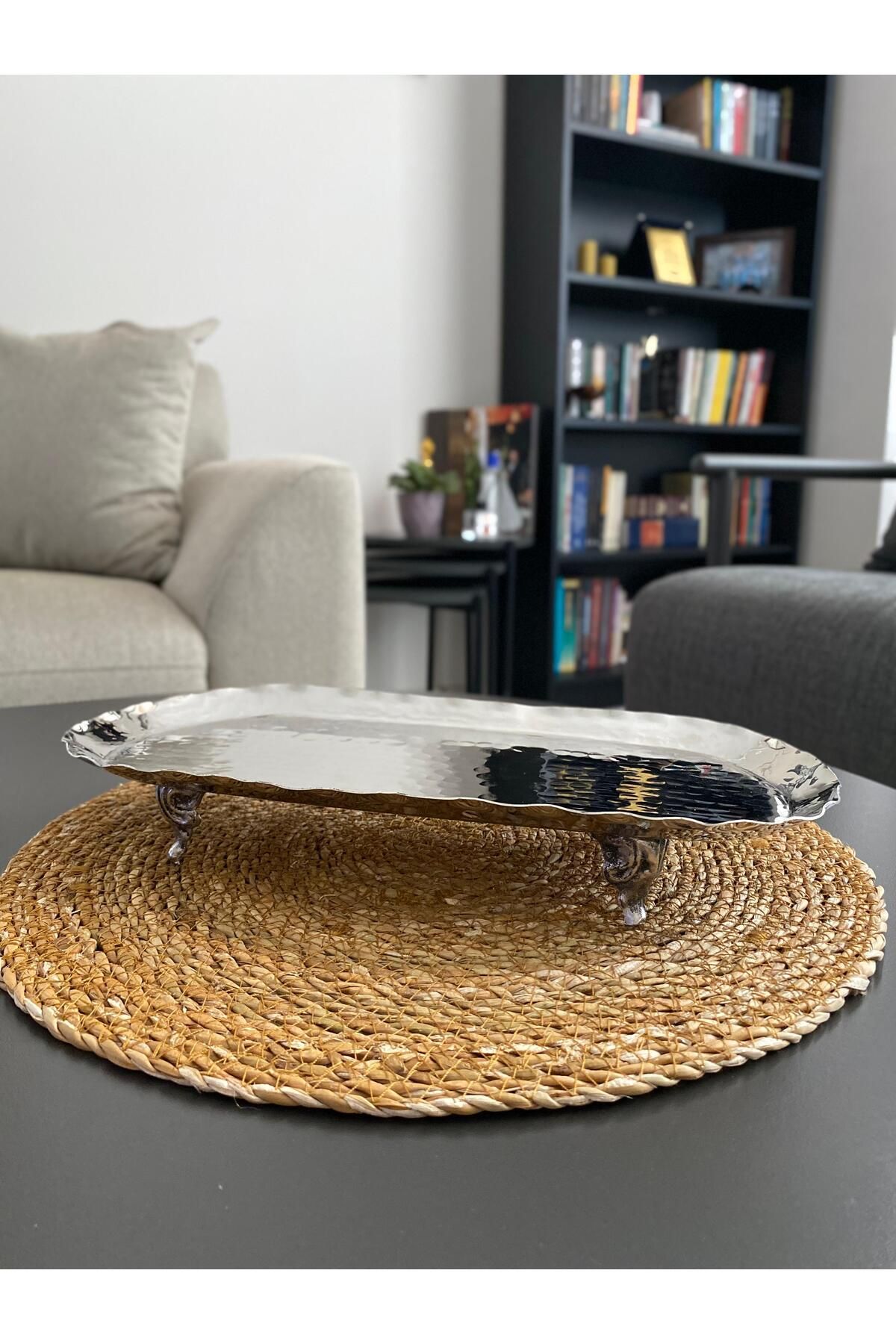 Layla Copper Oval Gümüş Renk Dövme Desenli Bakır Kurabiyelik-Sunumluk